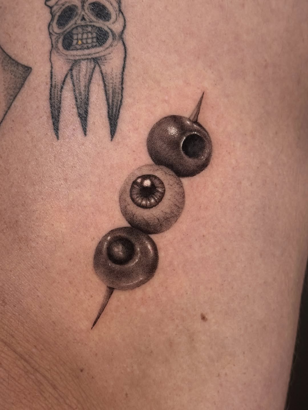 Eyeballs on a skewer dotwork tattoo on the forearm by hiba ⊹ atlanta tattoo artist, Johns Creek, Georgia