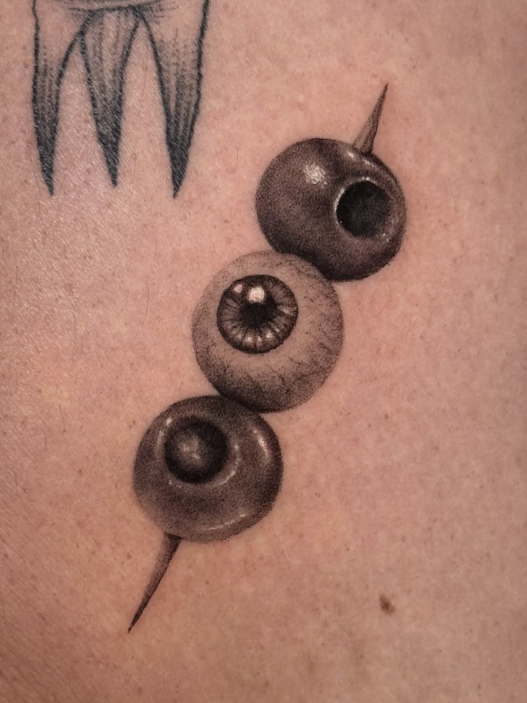 Eyeballs on a skewer dotwork tattoo by hiba ⊹ atlanta tattoo artist, Johns Creek, Georgia