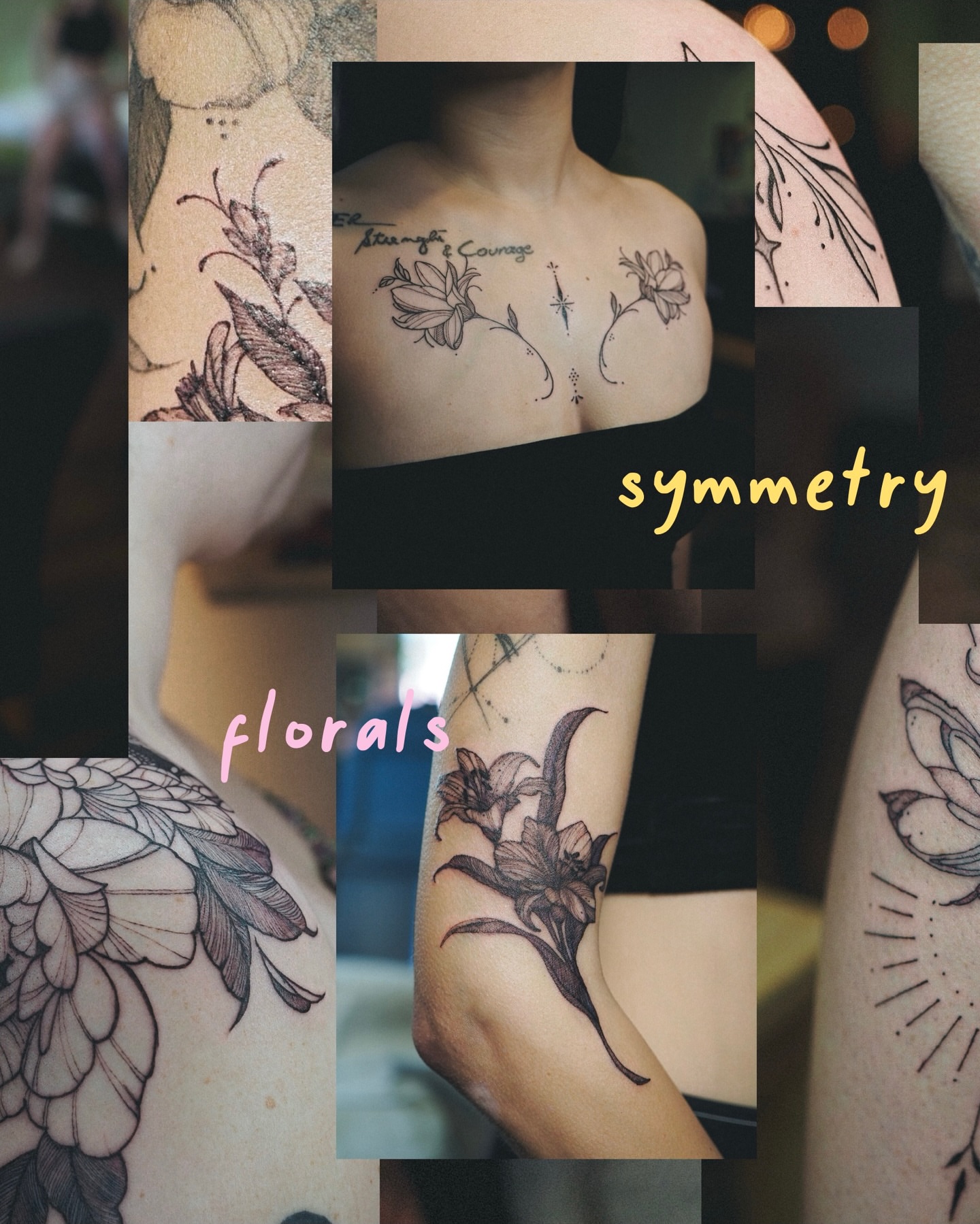 Floral black and grey tattoo on the chest by Inks by Nastia
