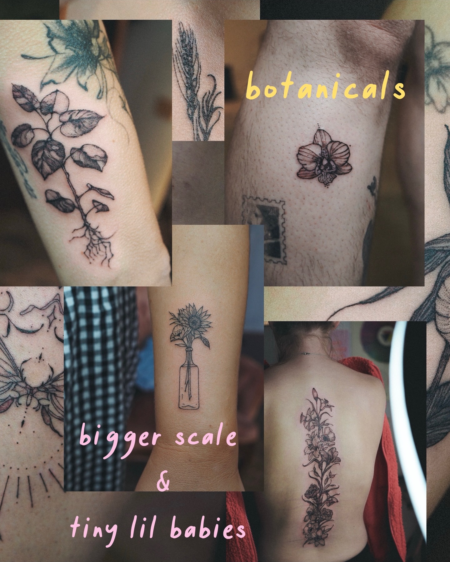 Botanicals black and grey tattoo on the upper arm by Inks by Nastia