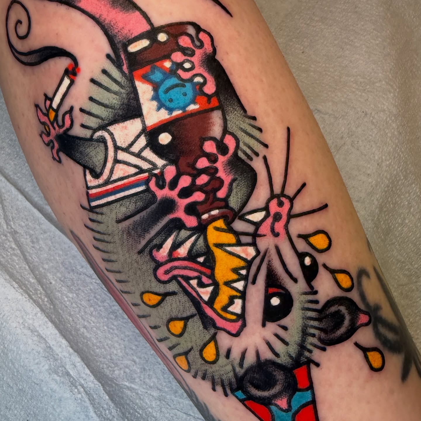 Cat smoking American traditional tattoo on the forearm by 🌴Nick Hetzel🌴, Saint Petersburg, Florida