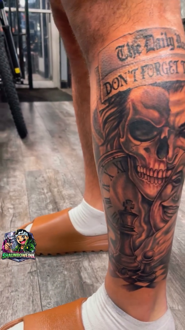 Skull with masks and newspaper headline dark realism tattoo by Shaunboweink