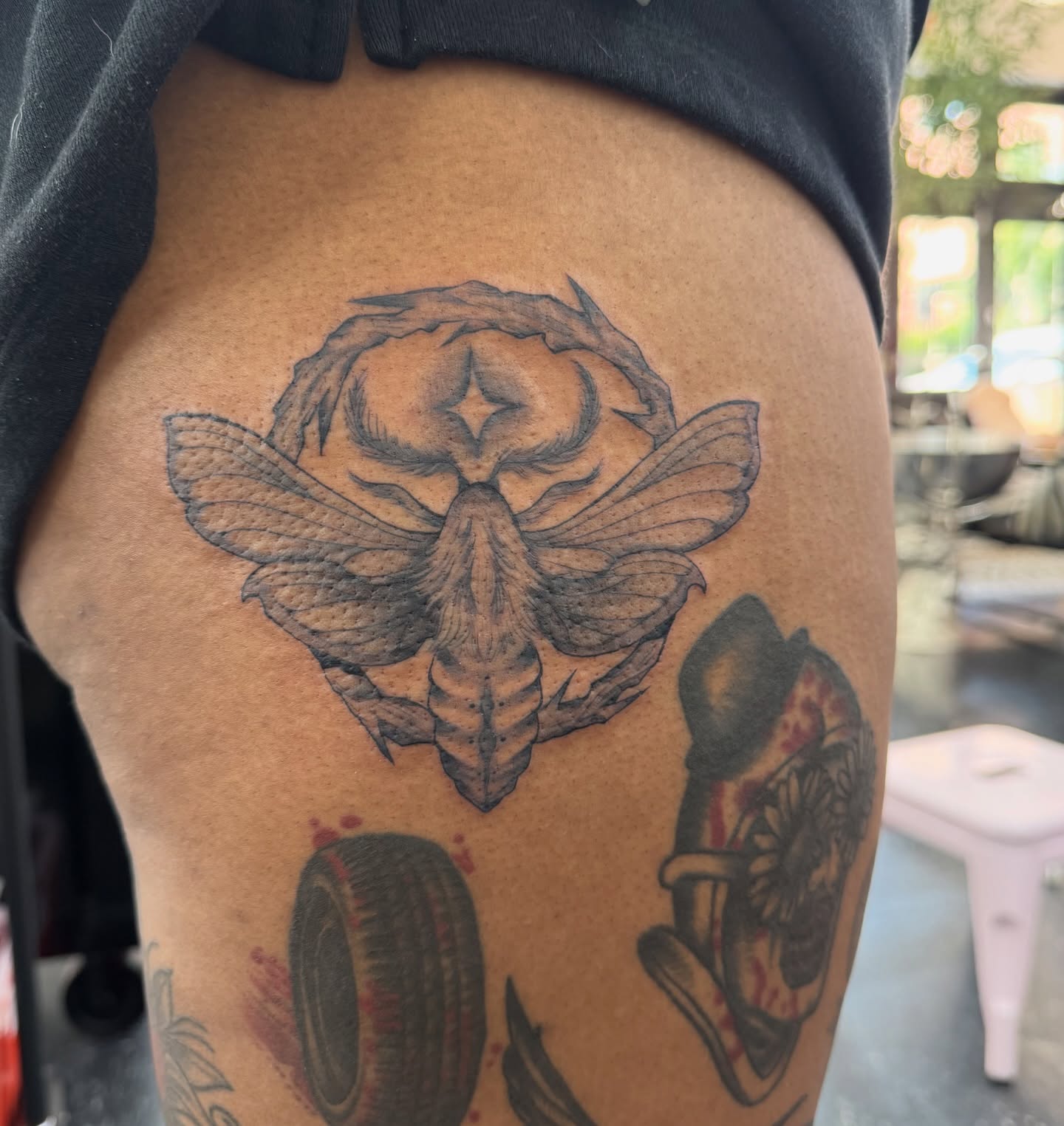 Moth black and grey tattoo on the thigh by πππππ¨π¨ ππ«ππ’π¬π