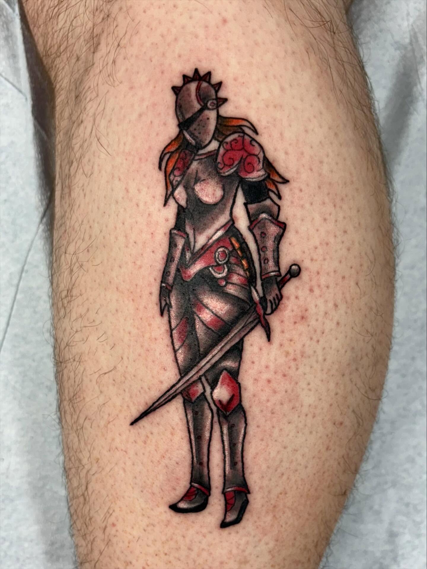 Female knight neo-traditional tattoo on the thigh by ✮ ✄ star ✮ ✄
