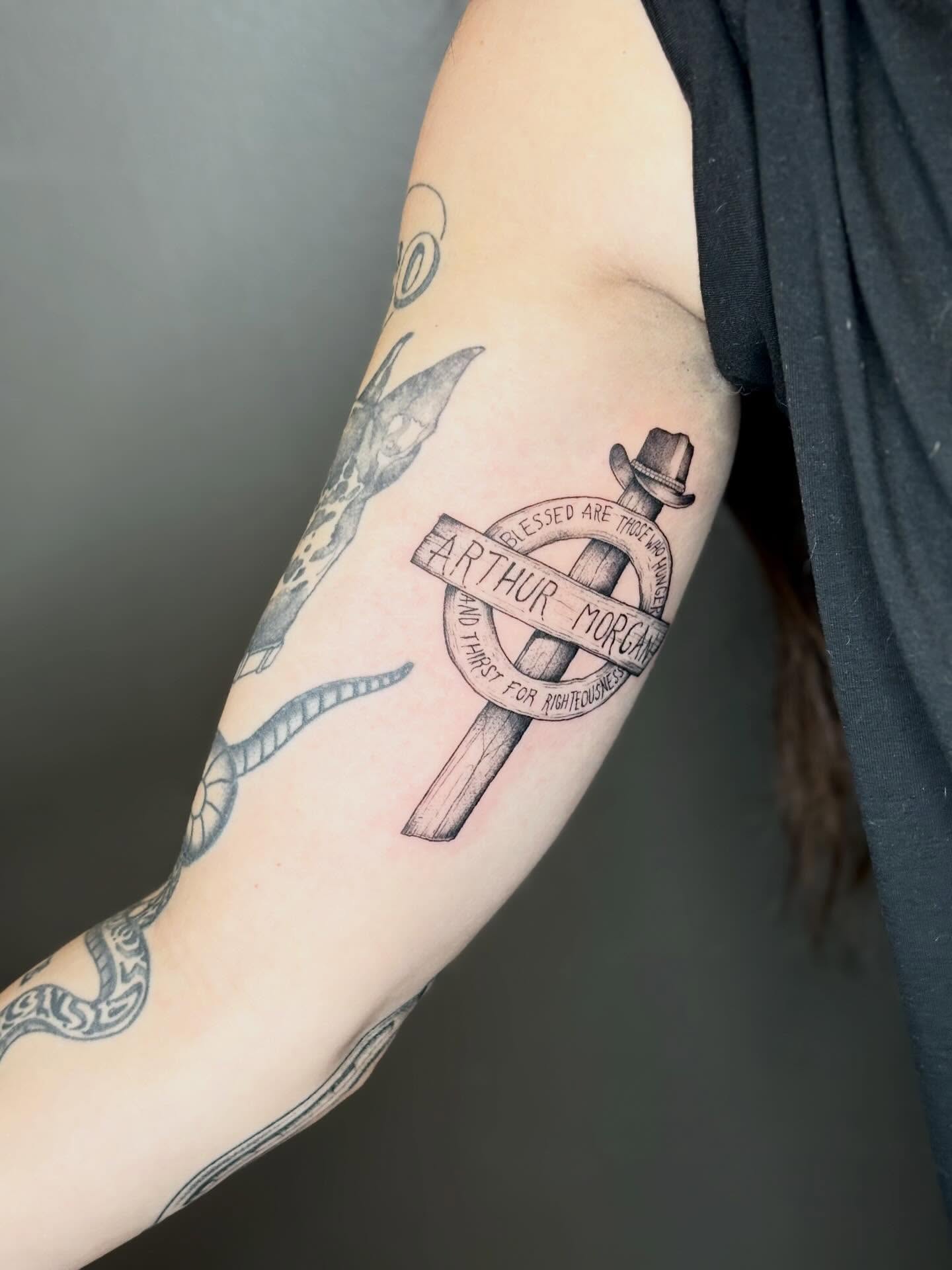 Sword and hat black and grey tattoo on the forearm by 🖤Sidney🖤