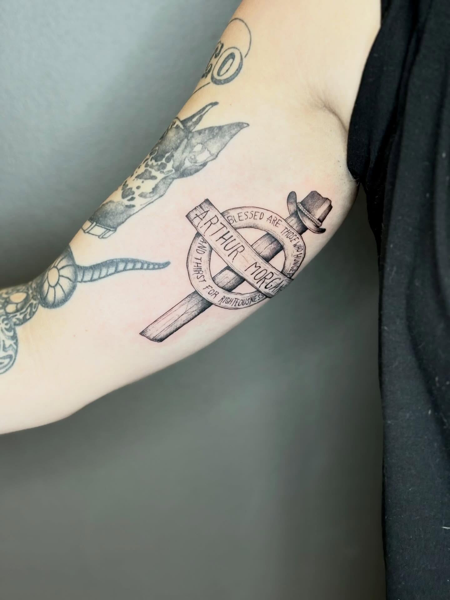 Sword and hat black and grey tattoo on the forearm by 🖤Sidney🖤