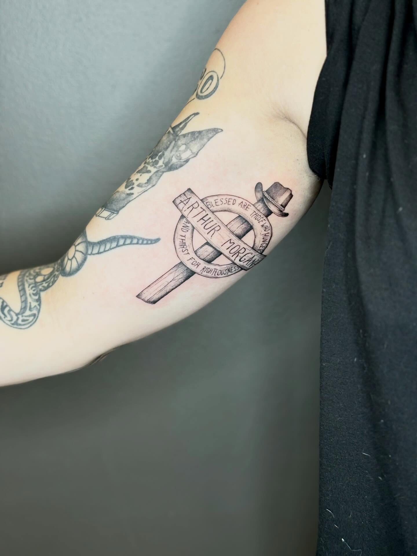 Cross and hat black and grey tattoo on the forearm by 🖤Sidney🖤