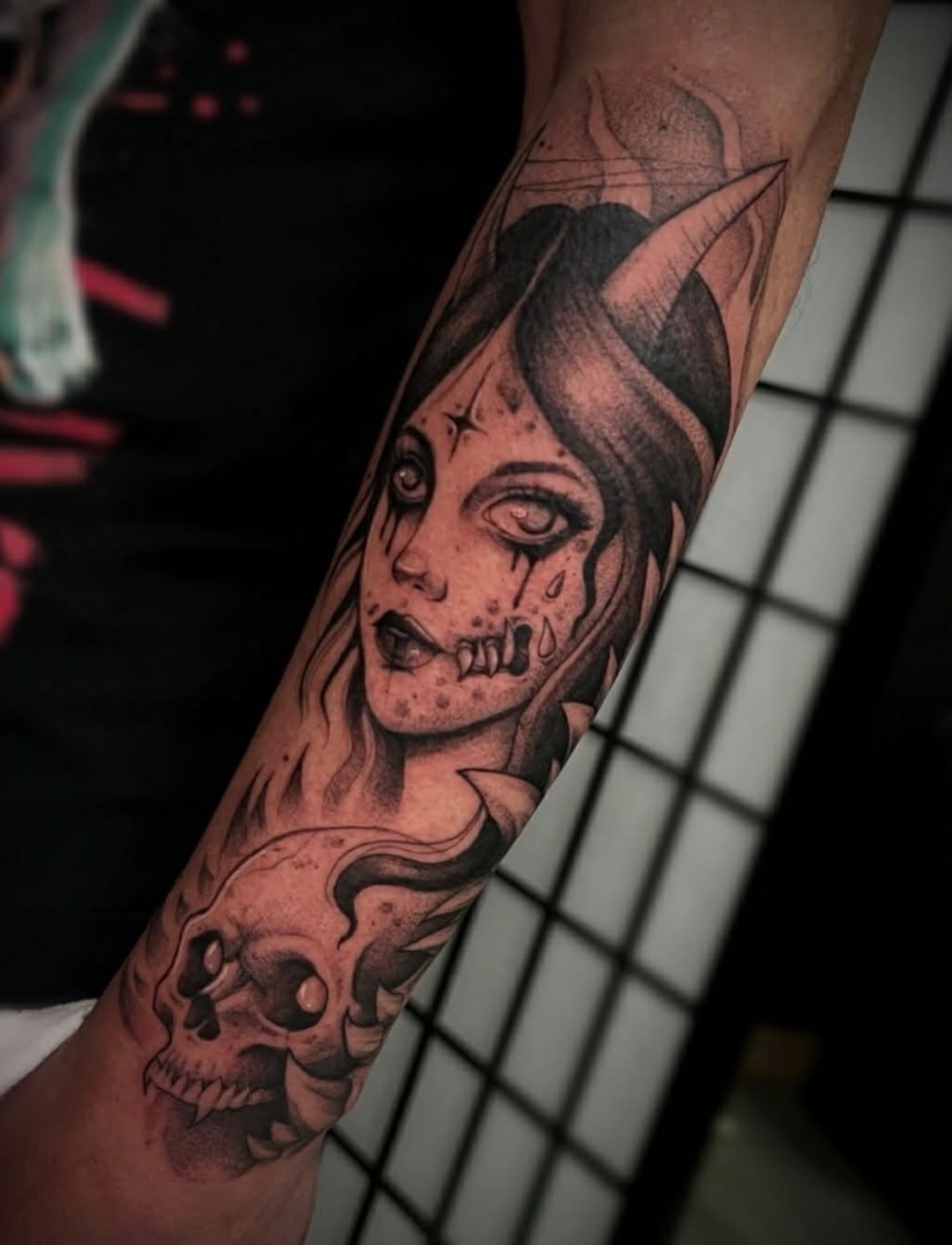 Woman with skull dark realism tattoo on the forearm by π·ππ πππππ π·οΈ