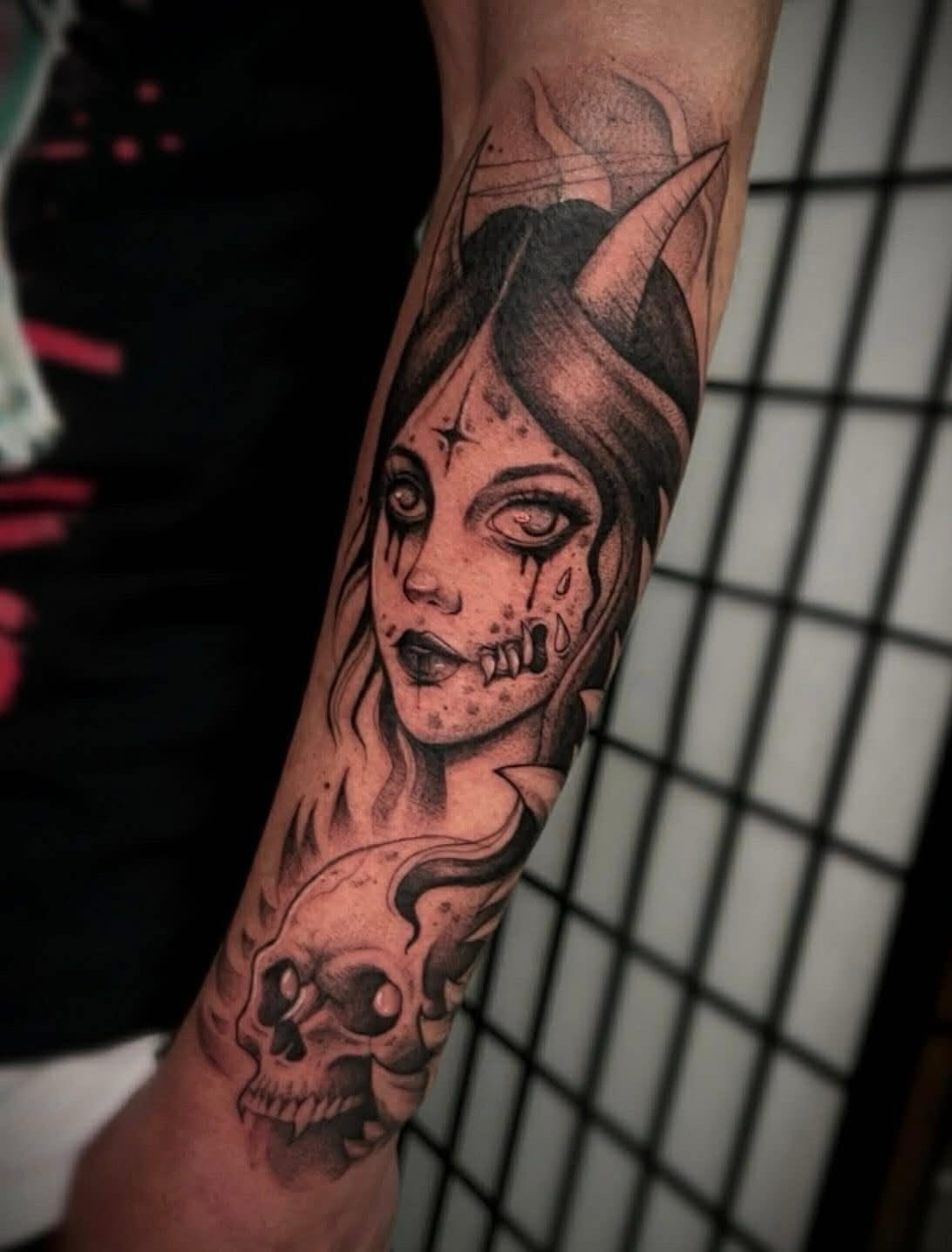 Woman with horns dark realism tattoo on the forearm by π·ππ πππππ π·οΈ