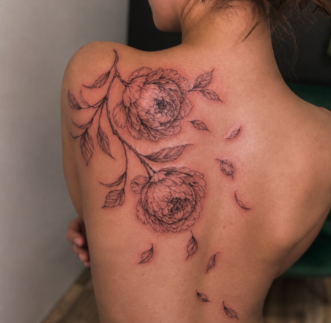 Peony flowers black and grey tattoo on the back by JAmy Winters