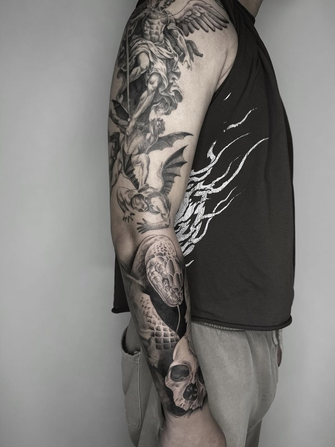 Realism tattoo on the upper arm by Alyssa . Villela