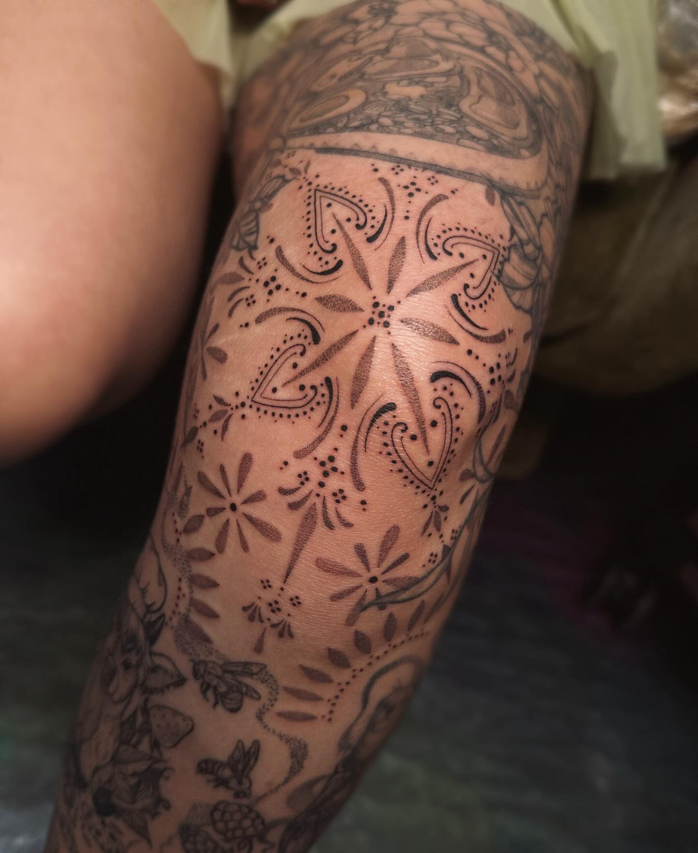 Tattoo by @mushrooomqueen — dotwork, ornamental