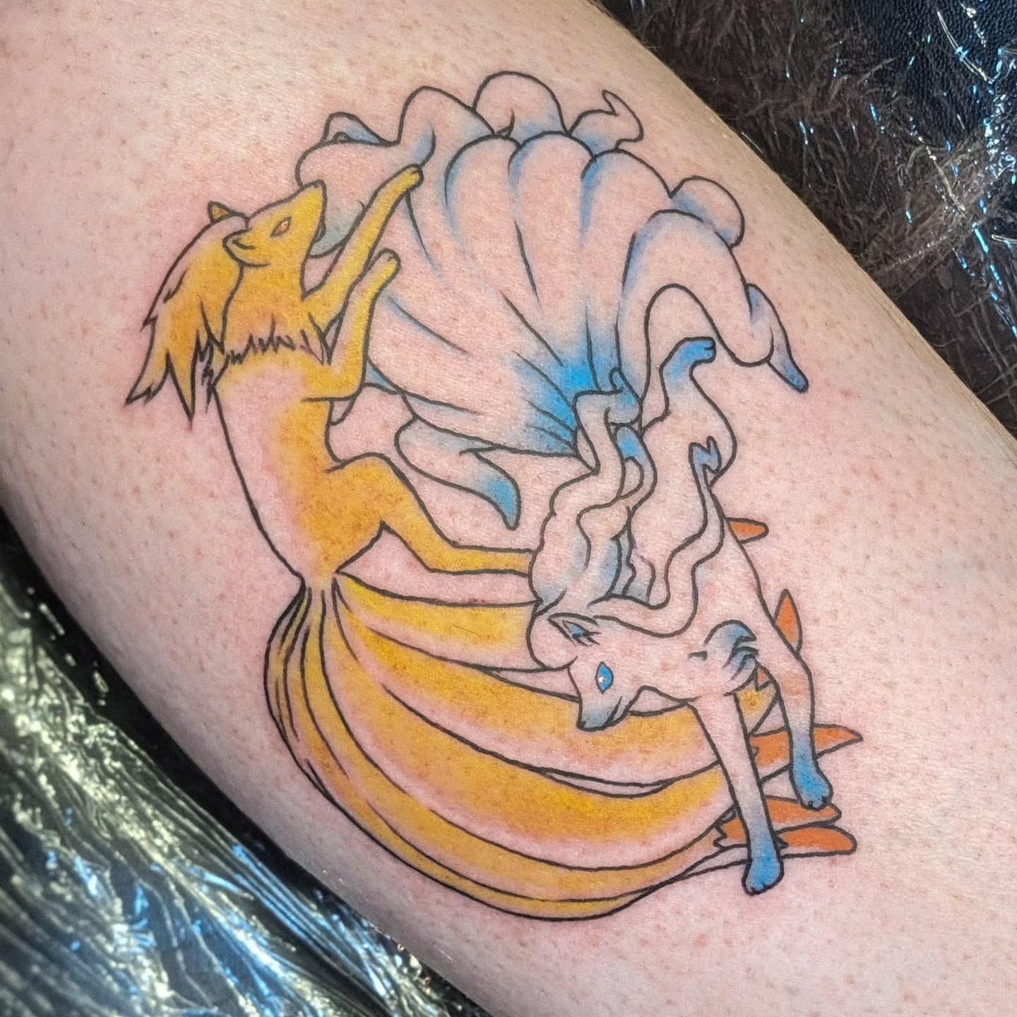 Fox and ghost dotwork tattoo on the thigh by robin ✨ portland tattoo artist