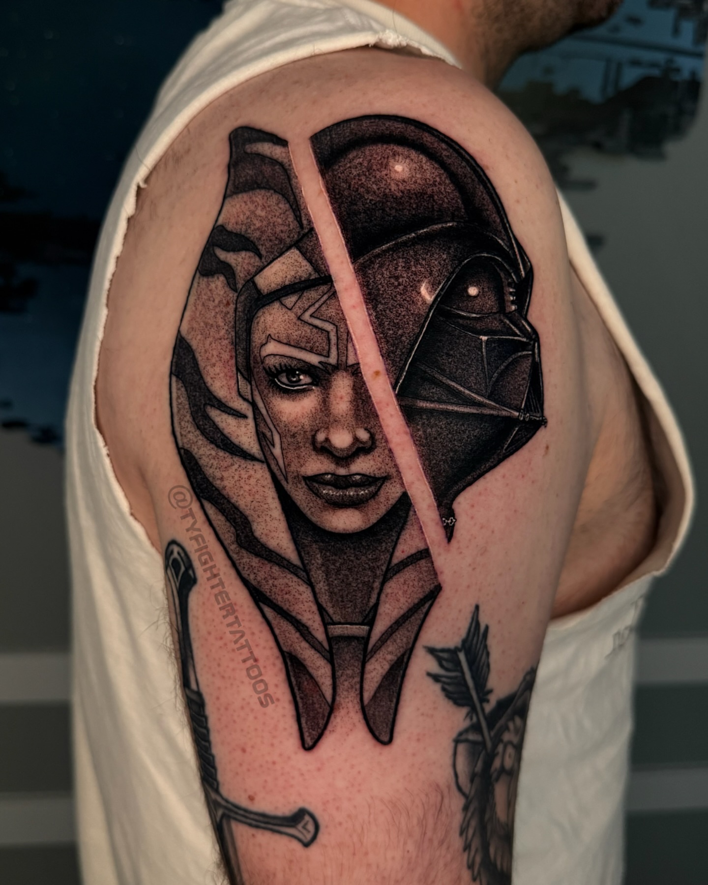 Tattoo by @tyfightertattoos — dotwork, realism