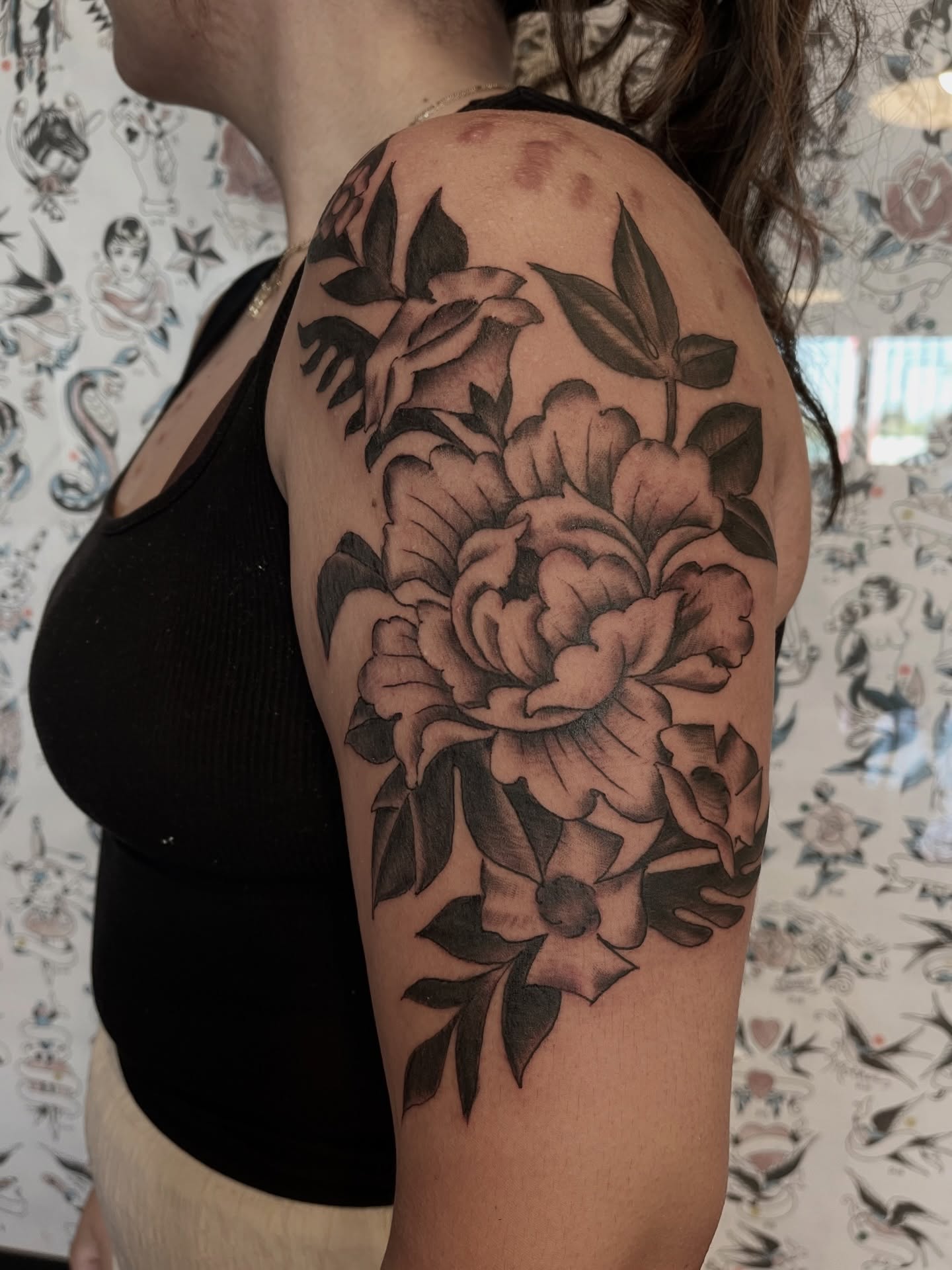 Peony black and grey tattoo on the shoulder by Alex Garcia - Sac City Tattoo