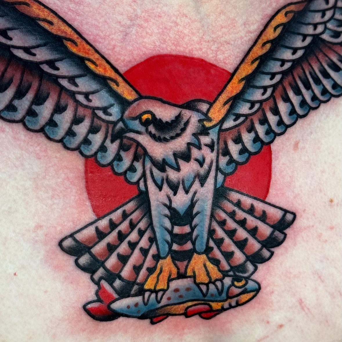 Hawk American traditional tattoo on the chest by Larry Love