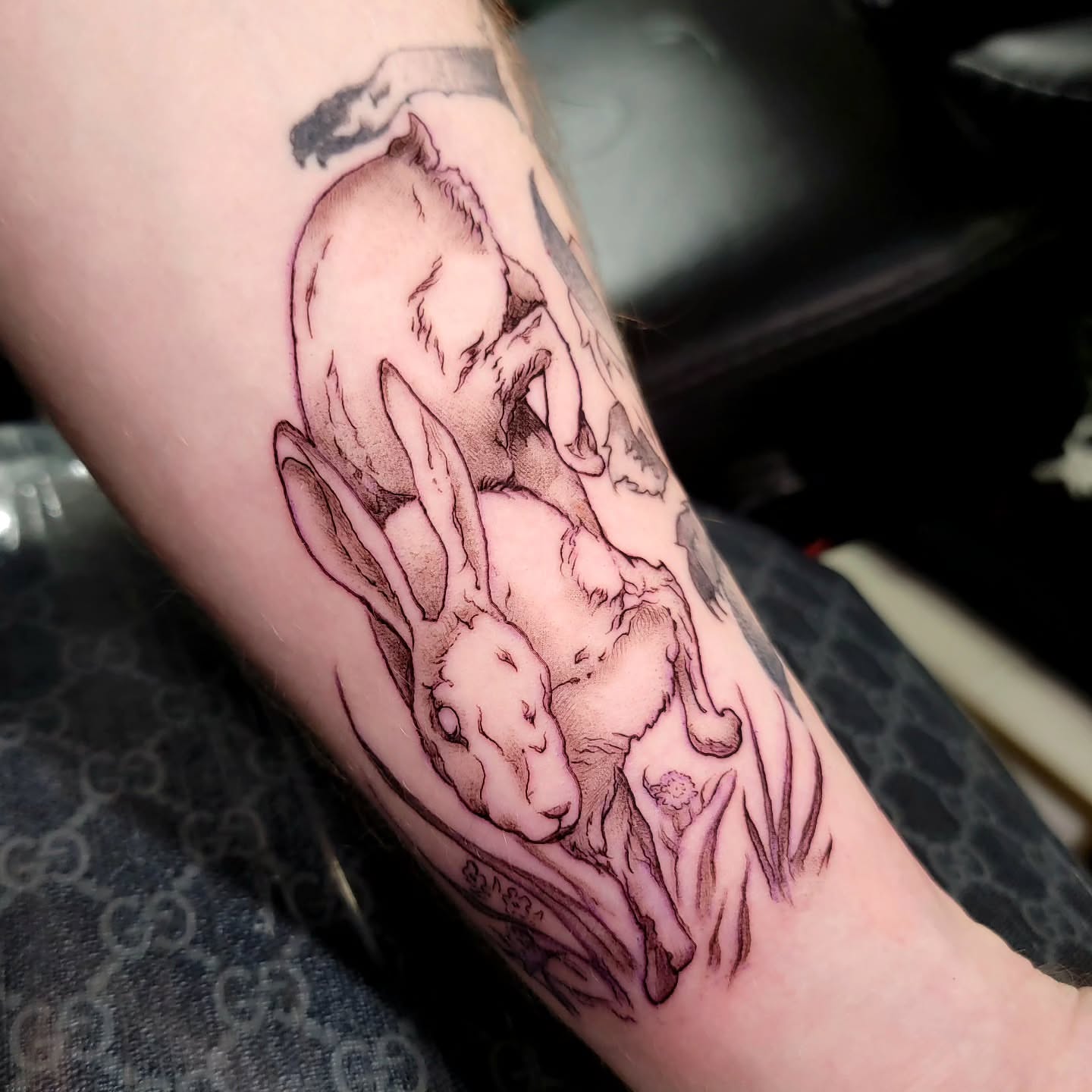 Rabbits realism tattoo on the forearm by Nathan Harkins-Oberbeck