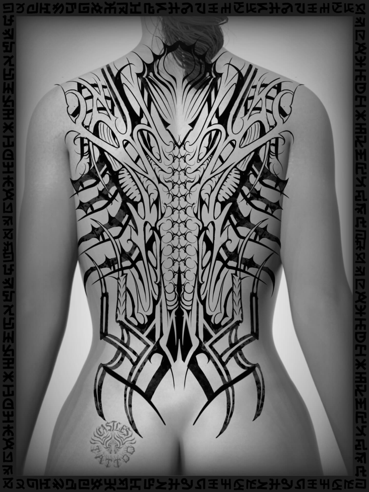 Tribal dragon tribal tattoo on the back by Erin Portland Tattoo Artist