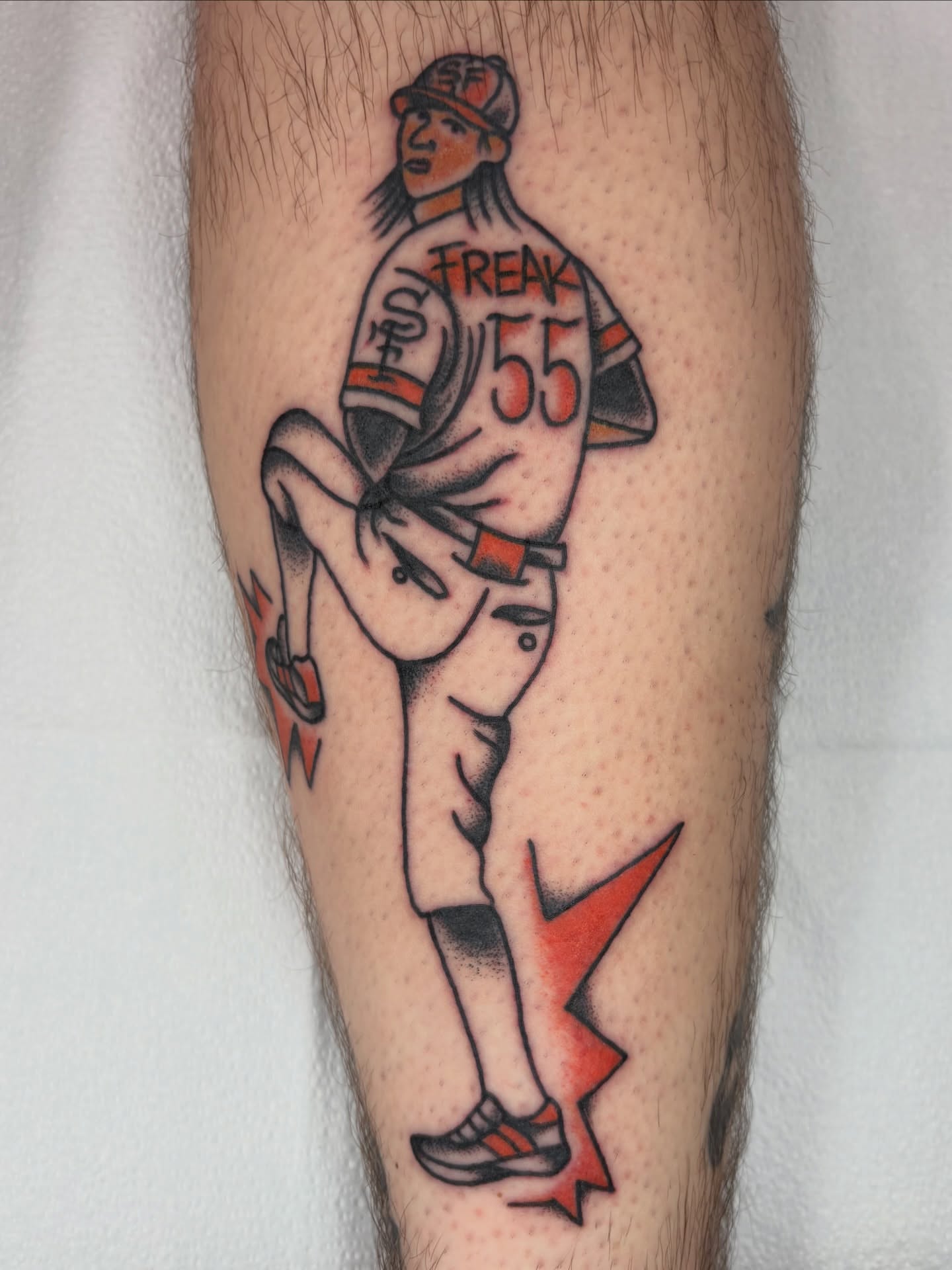 Baseball player American traditional tattoo on the leg by Aysia Mankin-Wong, San Francisco, California