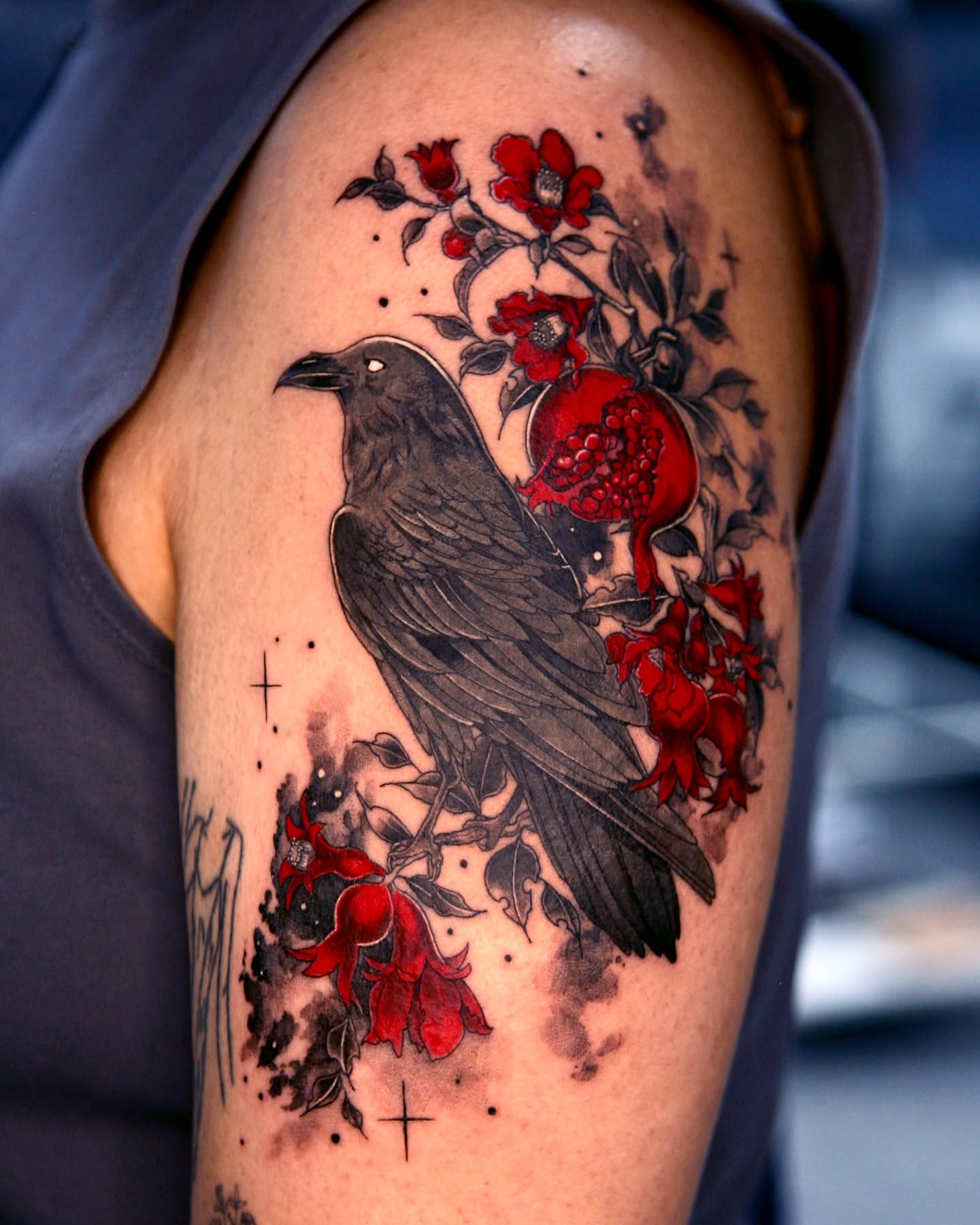 Crow and pomegranate realism tattoo on the shoulder by danha_seoul tattooist