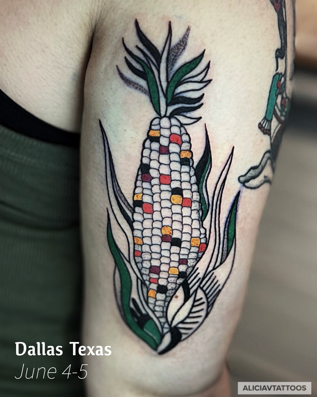 Corn ear American traditional tattoo on the forearm by Alicia Vasquez