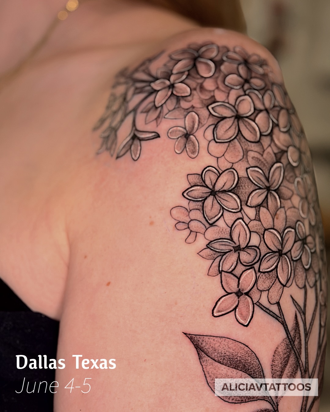 Flower bouquet black and grey tattoo on the shoulder by Alicia Vasquez