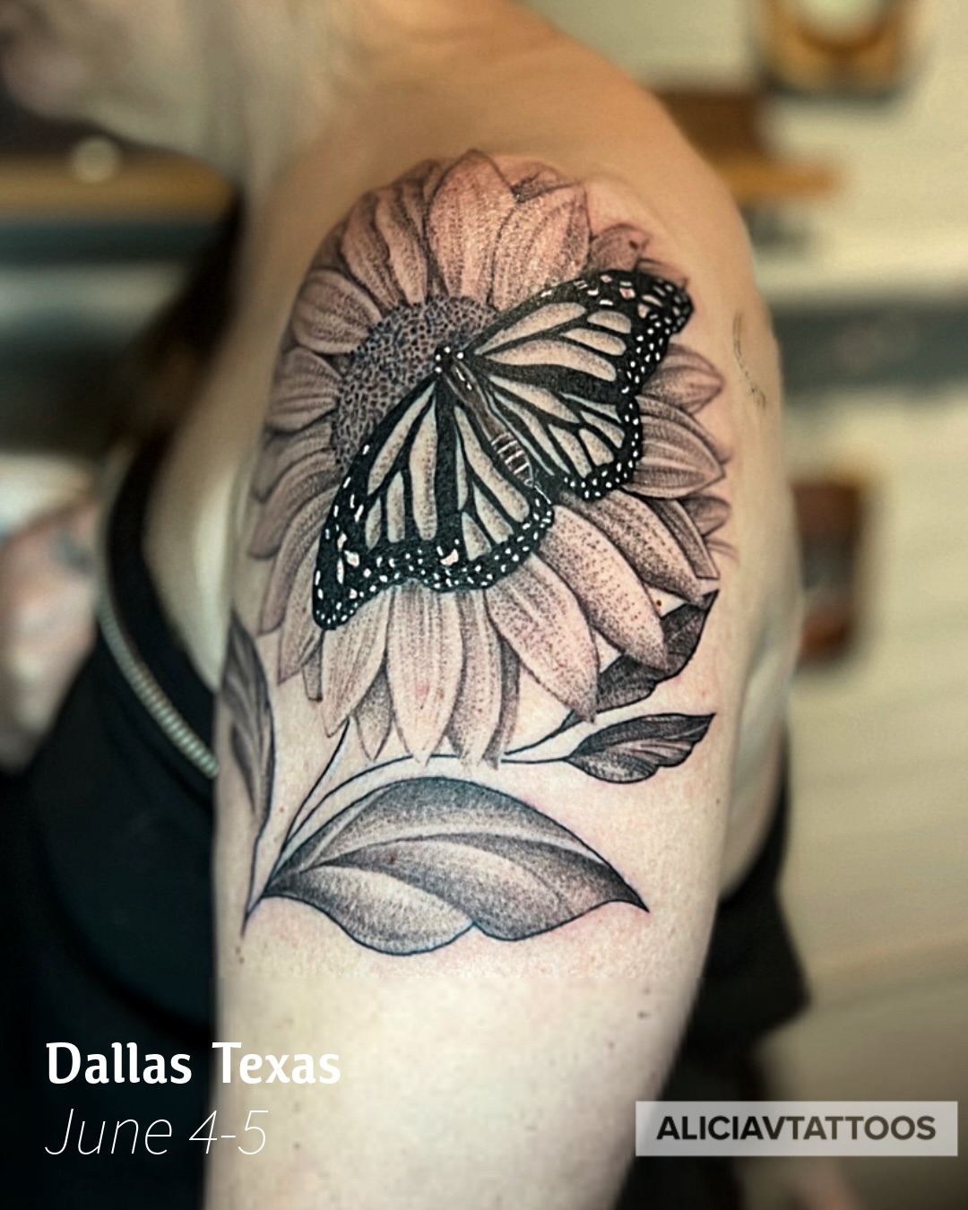 Sunflower and butterfly dotwork tattoo on the shoulder by Alicia Vasquez