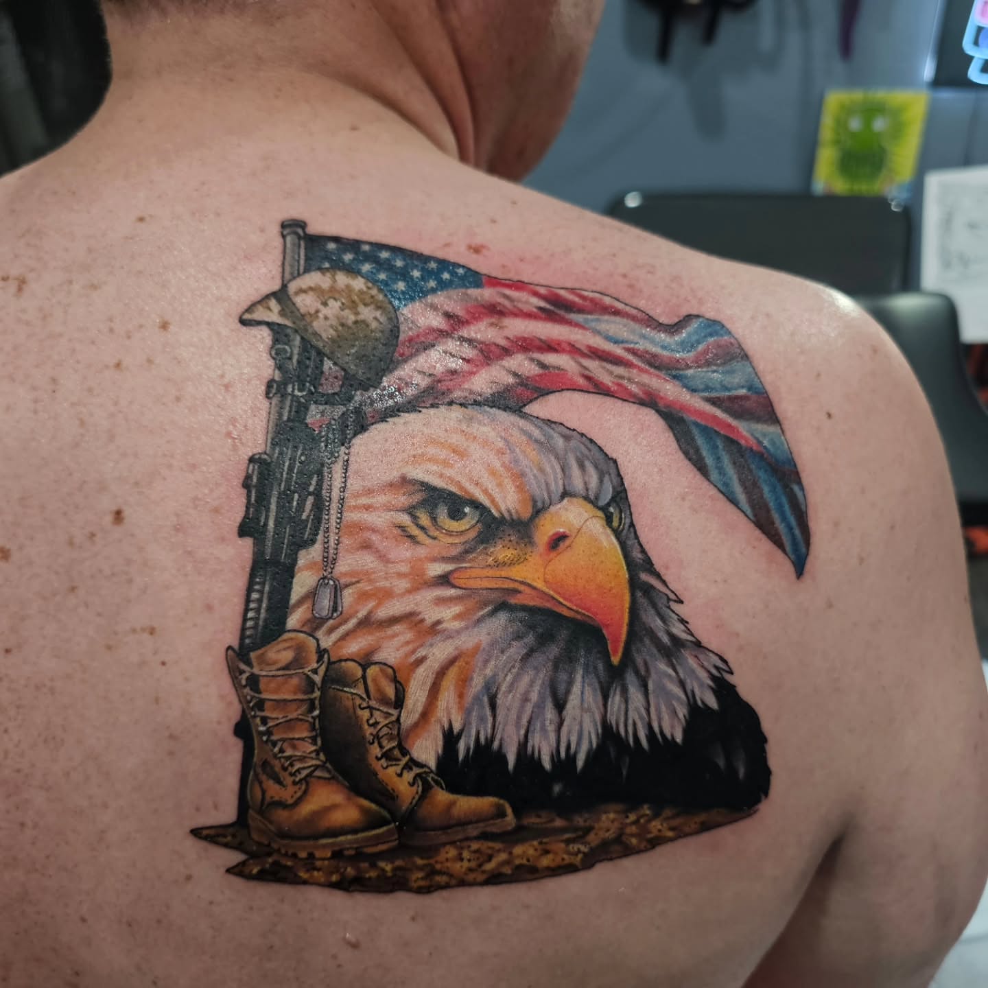 American eagle and american flag realism tattoo on the back by Matthew Ashmore