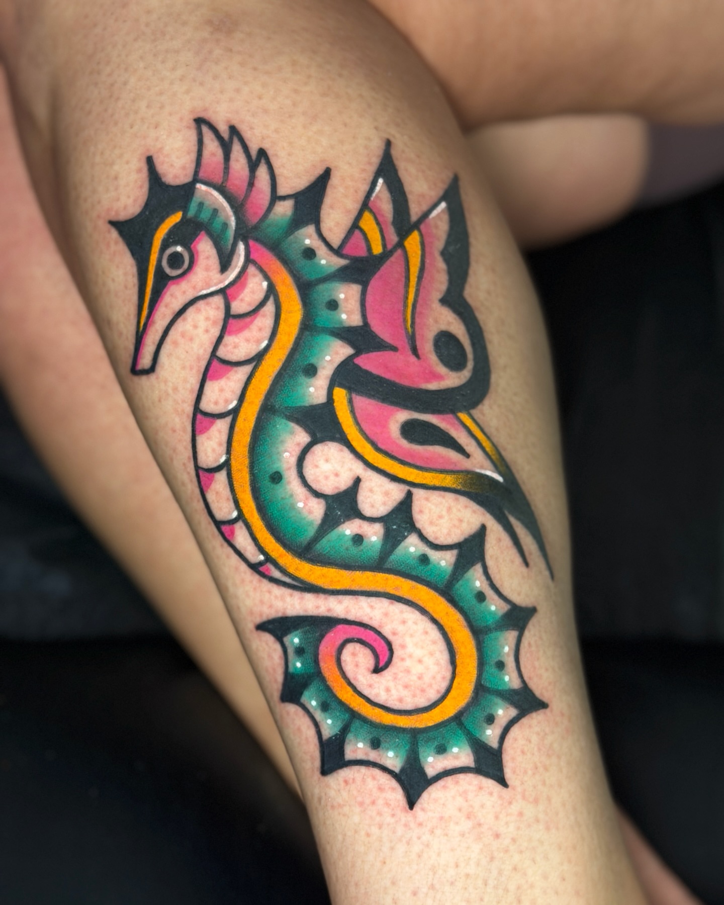 Seahorse geometric tattoo on the forearm by R e N O T