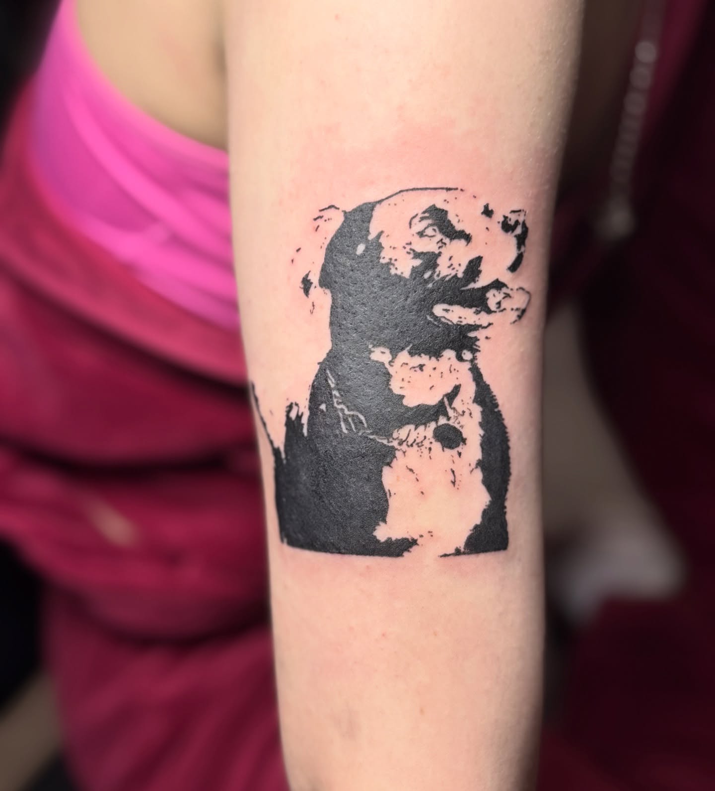Dog black and grey tattoo on the forearm by 🌸Blossom🌸