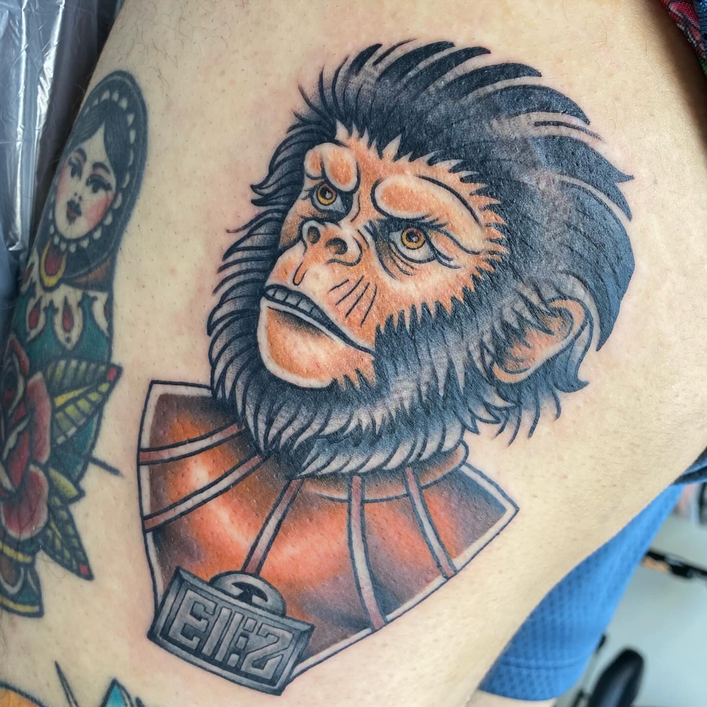 Monkey American traditional tattoo on the thigh by Jarid Penn