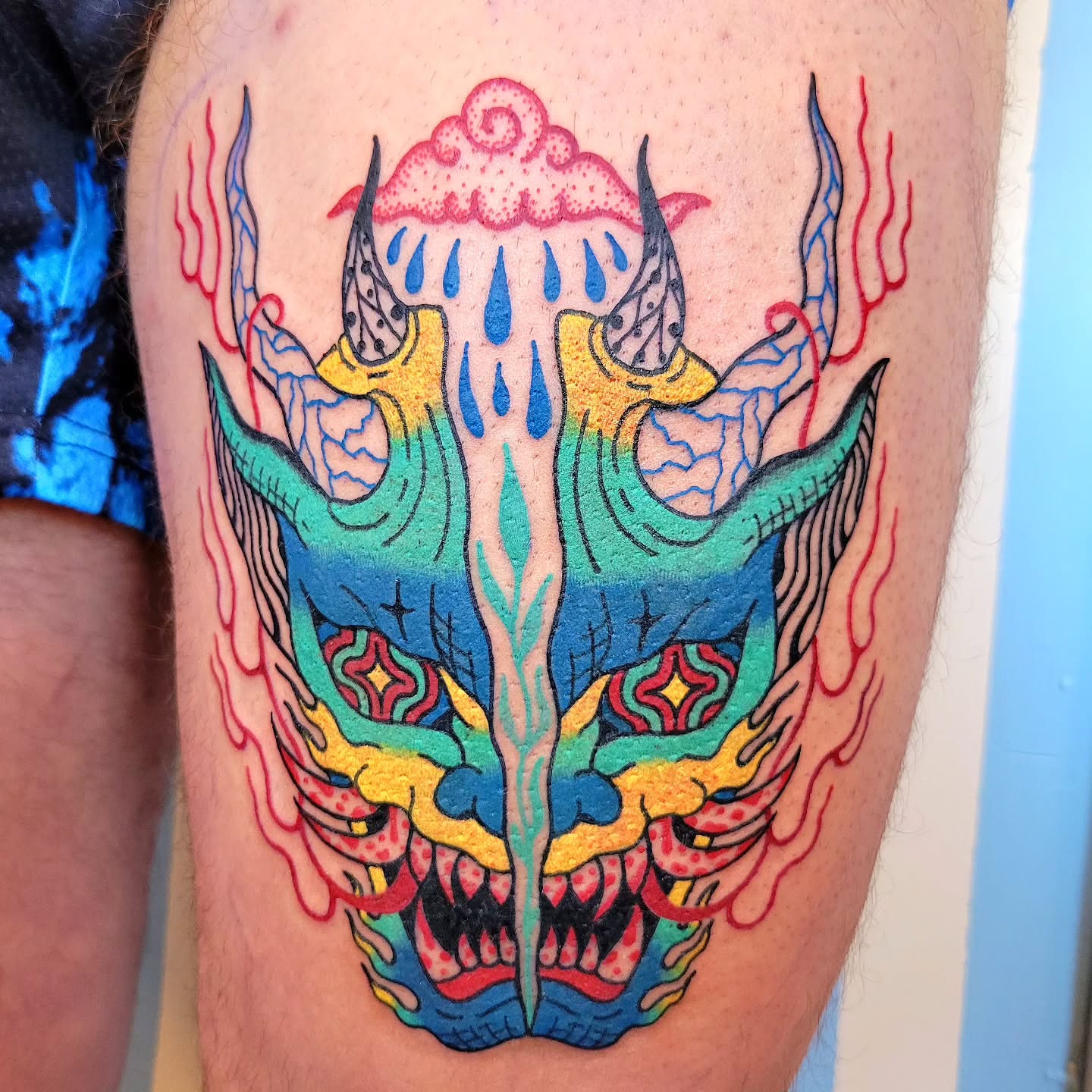 Mask japanese irezumi tattoo on the thigh by Cat Wong意藝