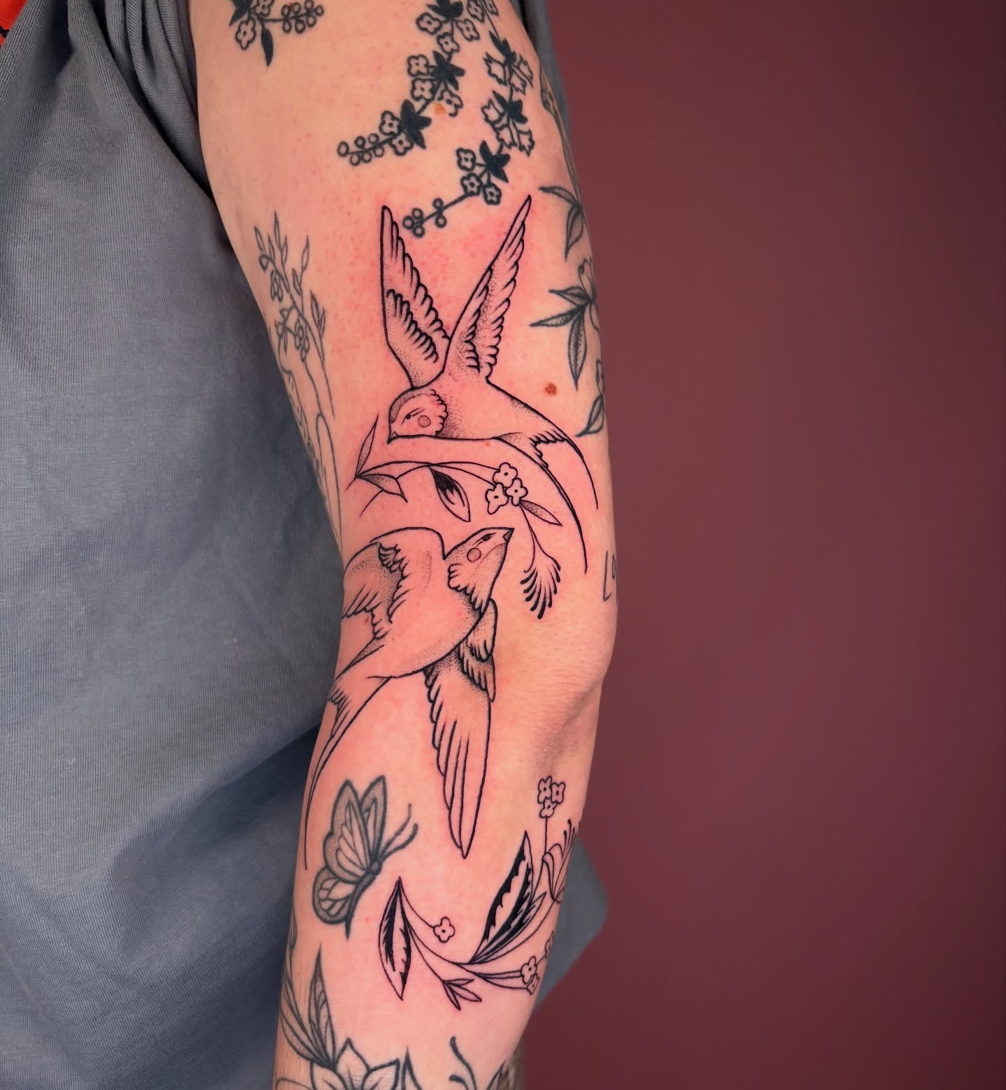Birds and flowers black and grey tattoo on the forearm by Car🦋🌈 Dallas Tattoo Artist💖