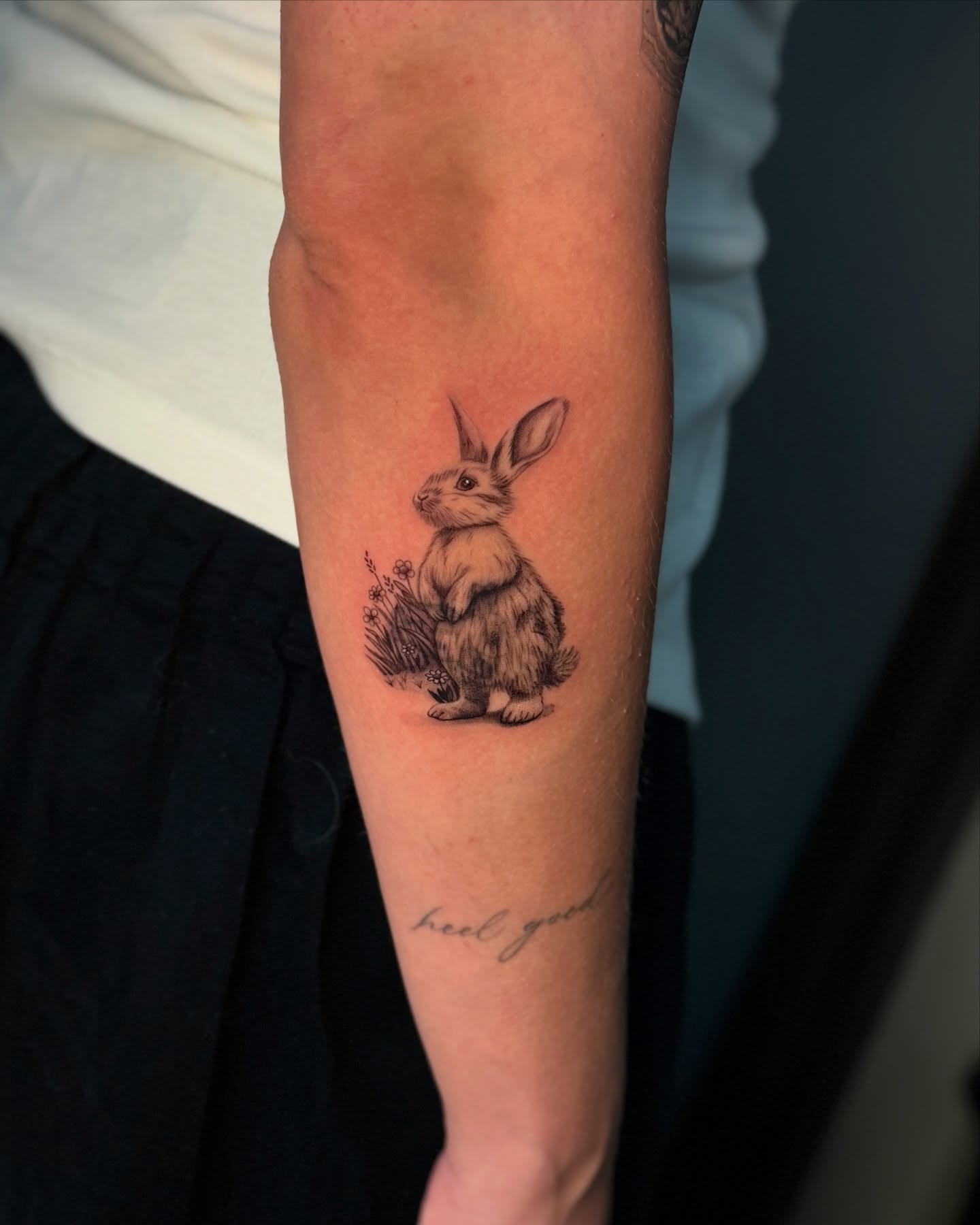Rabbit realism tattoo on the forearm by jaz🌀