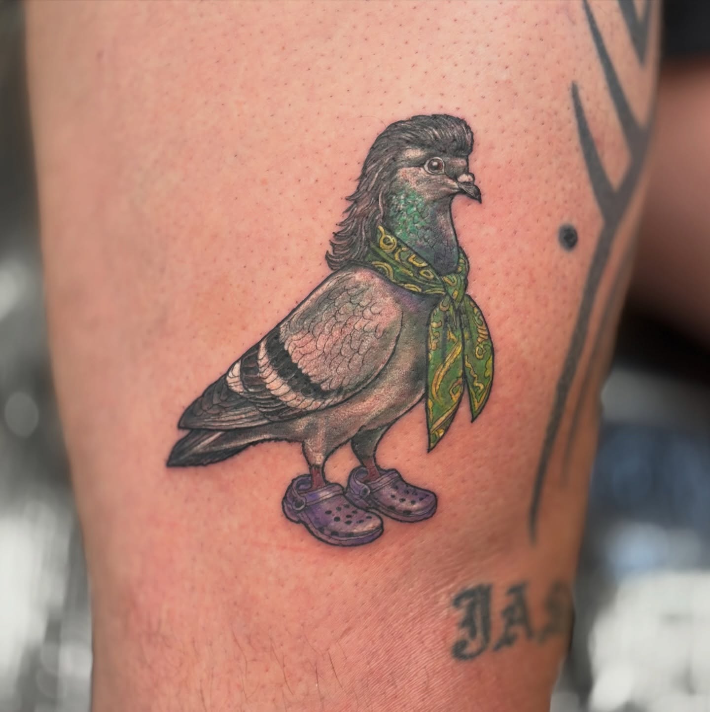 Pigeon wearing shoes and bandana realism tattoo on the thigh by Ruth Ormsby-Ashworth