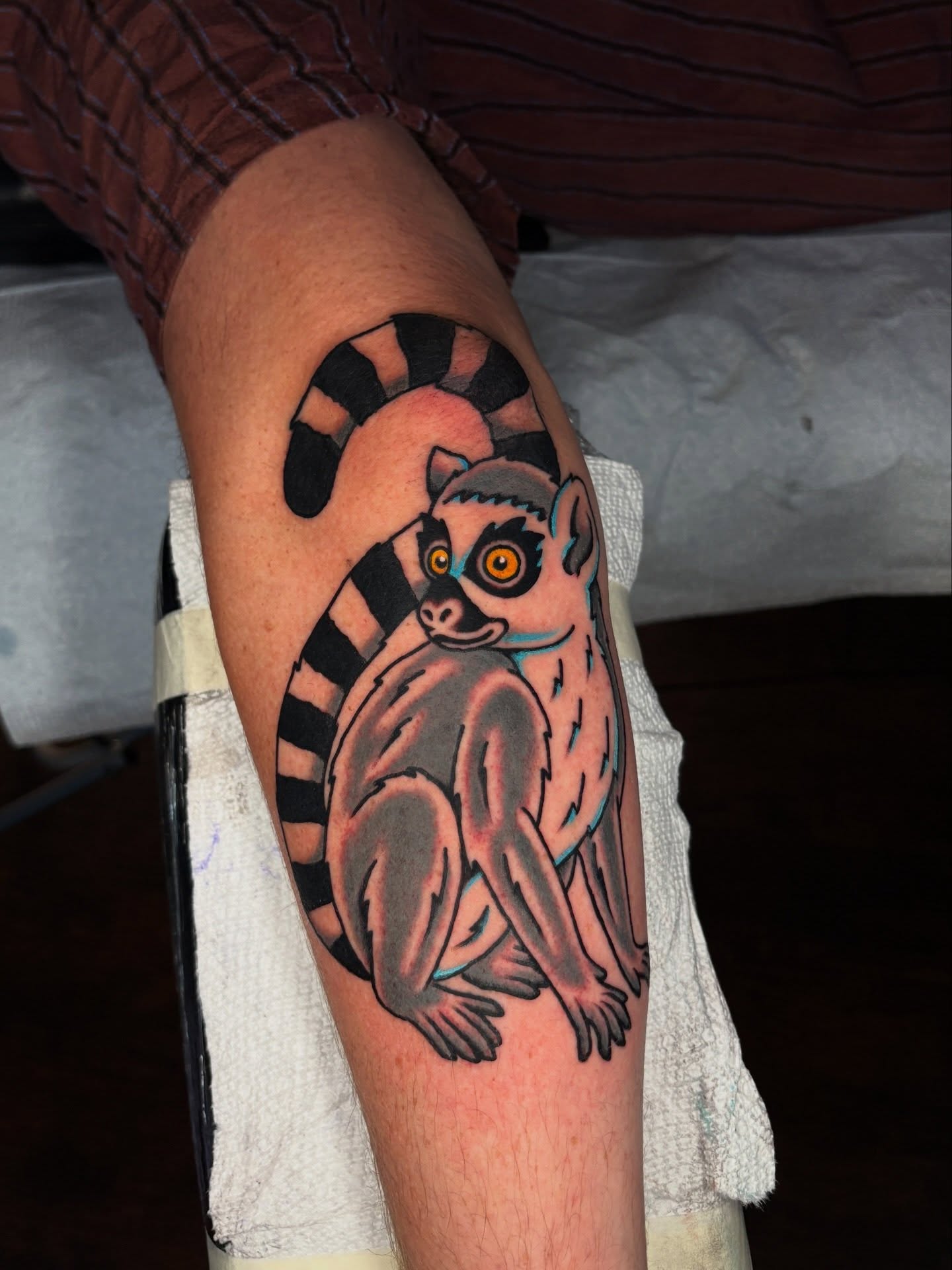 Lemur American traditional tattoo on the thigh by Max Klapp, Austin, Texas