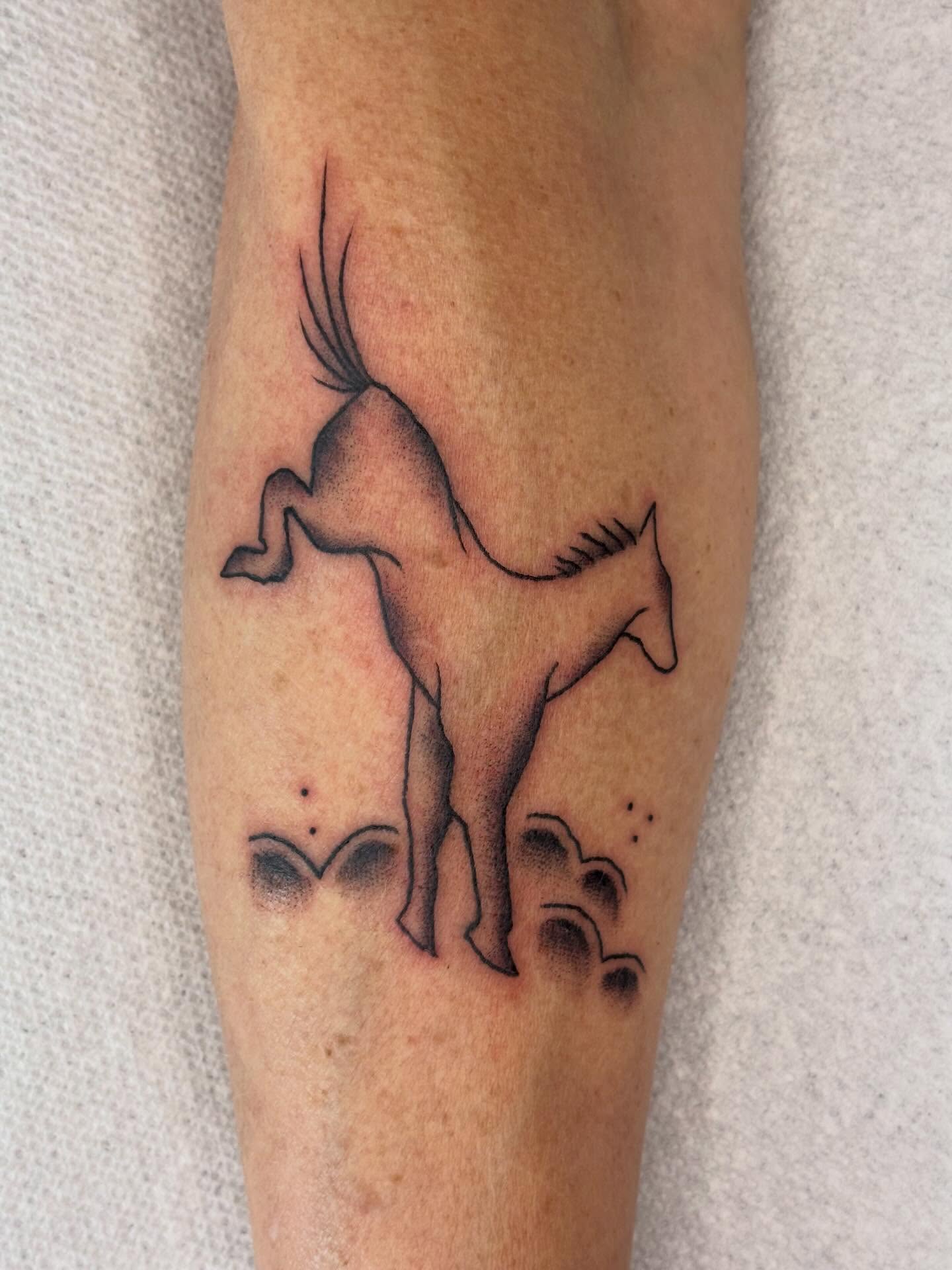 Horse dotwork tattoo on the forearm by Topher Belmont