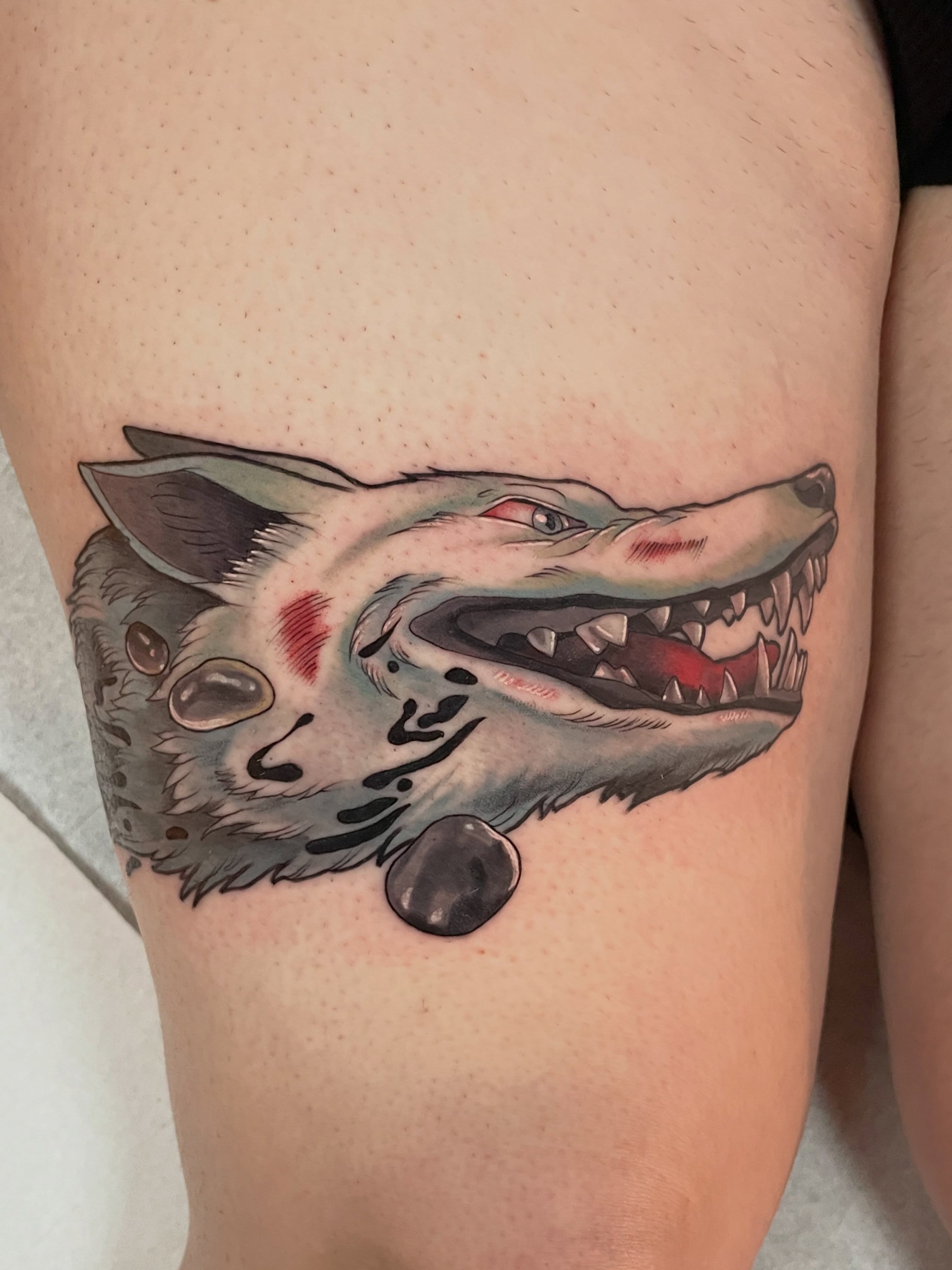 Wolf realism tattoo on the thigh by ✨Erin Haines✨