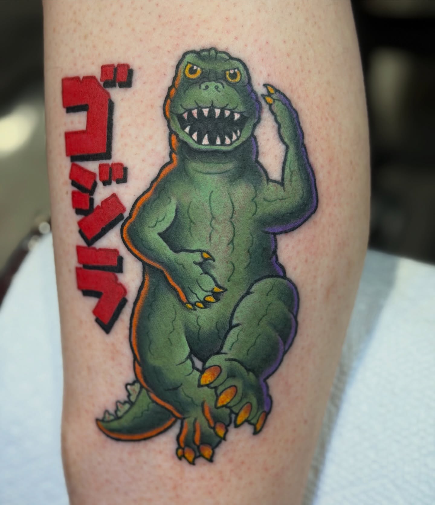 Godzilla japanese irezumi tattoo on the forearm by James Mullin