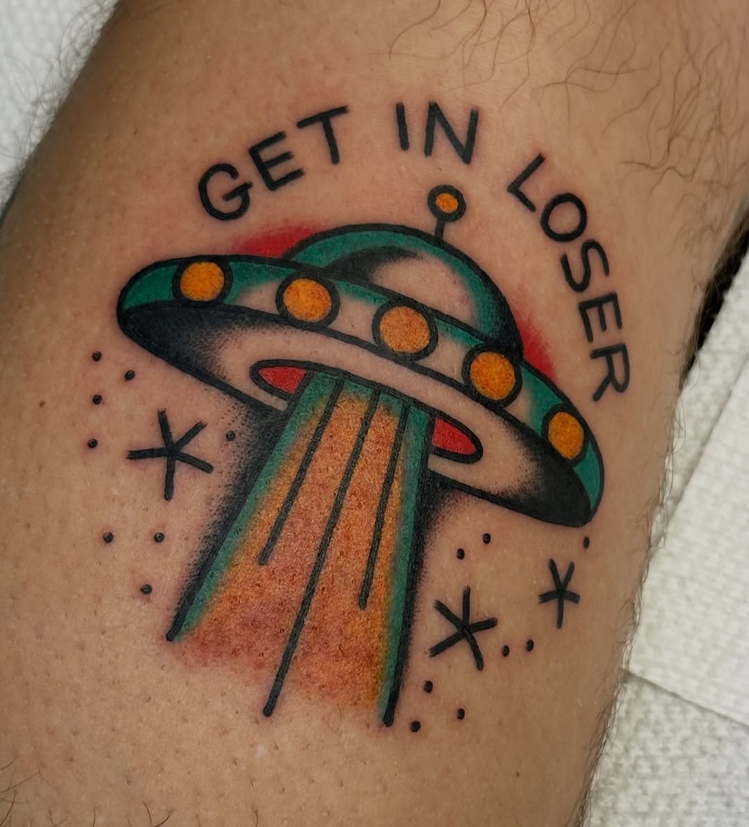 UFO dotwork tattoo on the forearm by Amanda Bonhomme, Las Vegas, Nevada