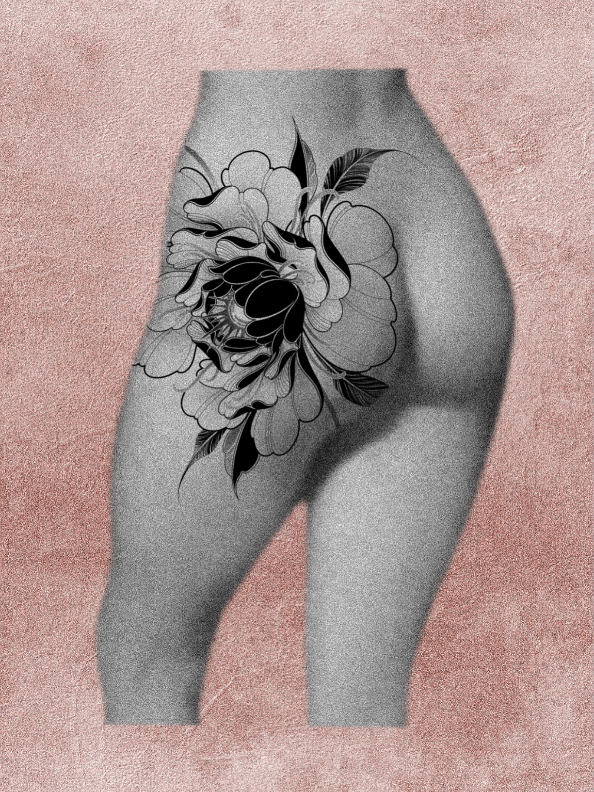 Floral black and grey tattoo on the thigh by Jena Perry