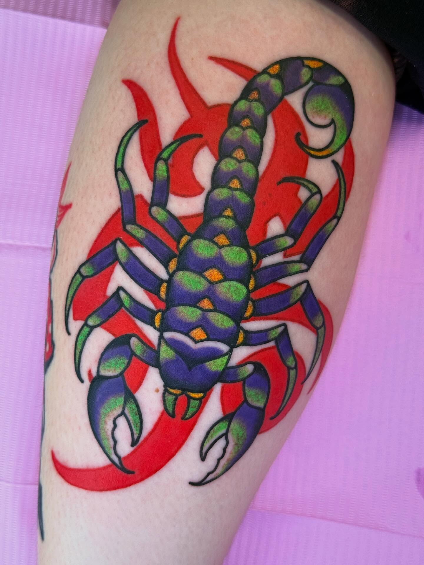 Scorpion American traditional tattoo on the thigh by Cassie O'Neal DeBord