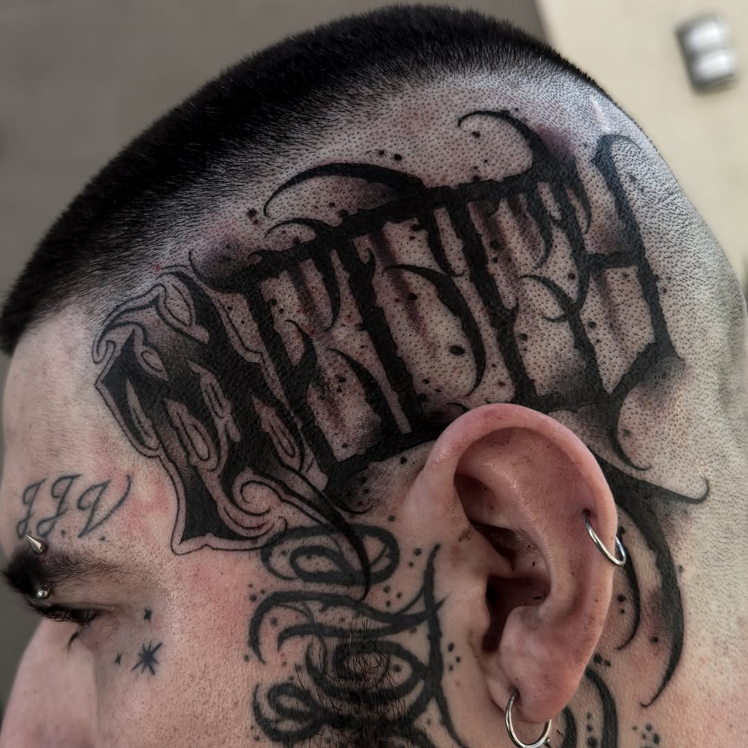 Gothic script black and grey tattoo on the head by ⚔️Andreas Dolleschal⚔️