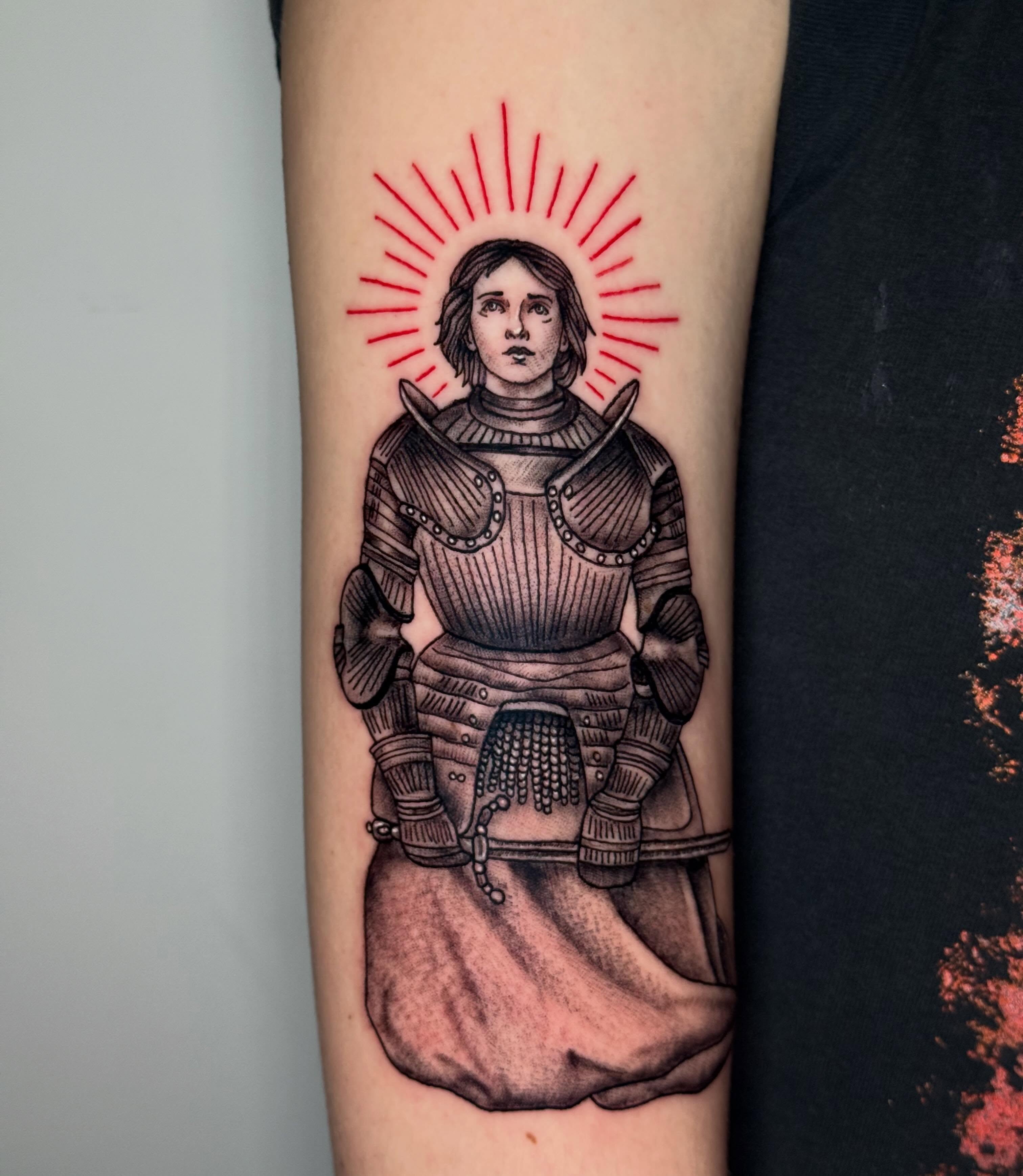 Female knight black and grey tattoo on the forearm by CAT