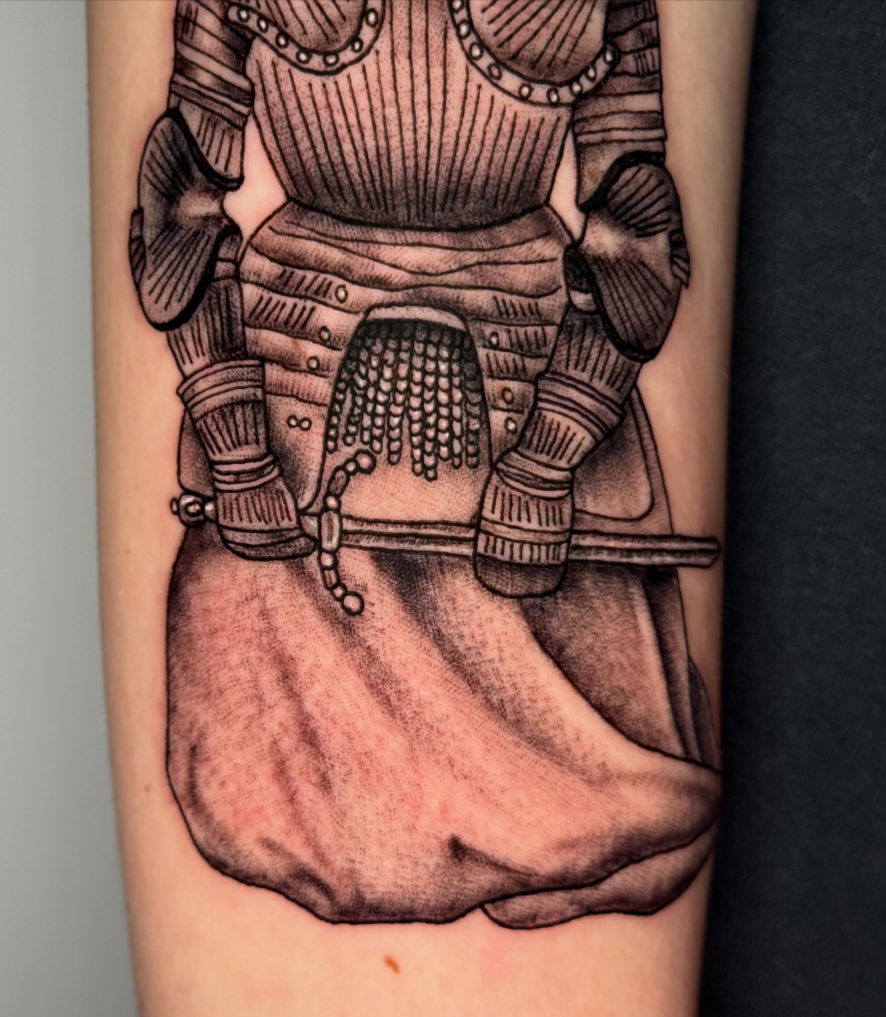 Ancient warrior black and grey tattoo on the forearm by CAT