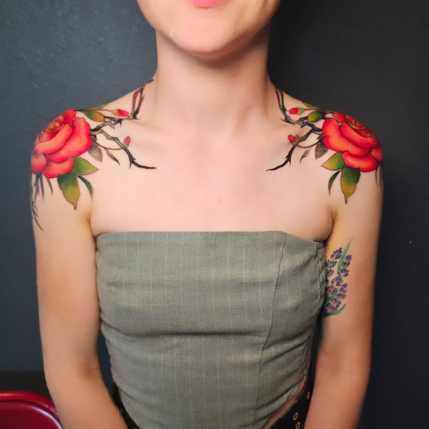 Roses realism tattoo on the shoulder by Adriannah Esparza