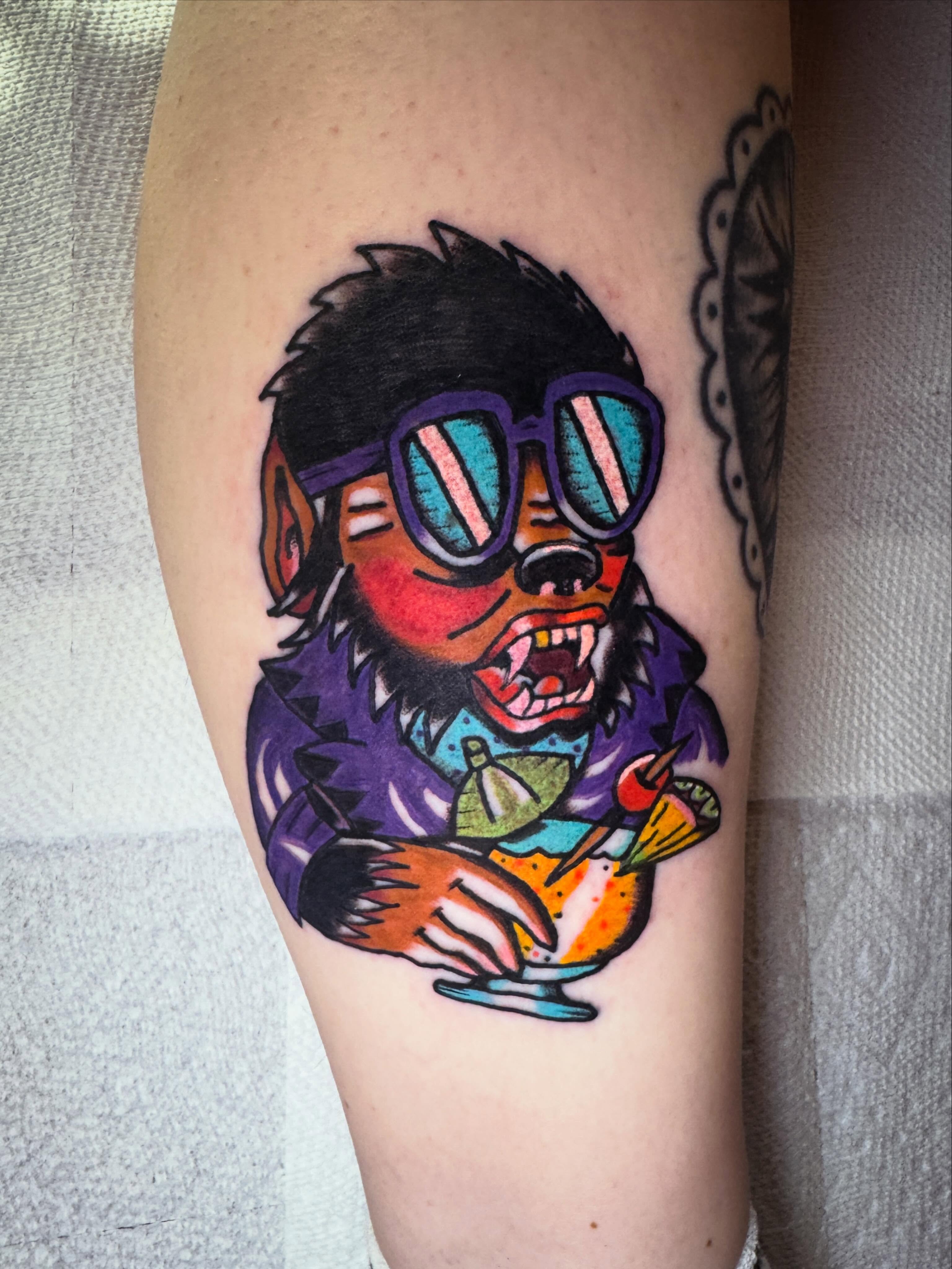 Chill monkey new school tattoo on the forearm by Harrison ♠️