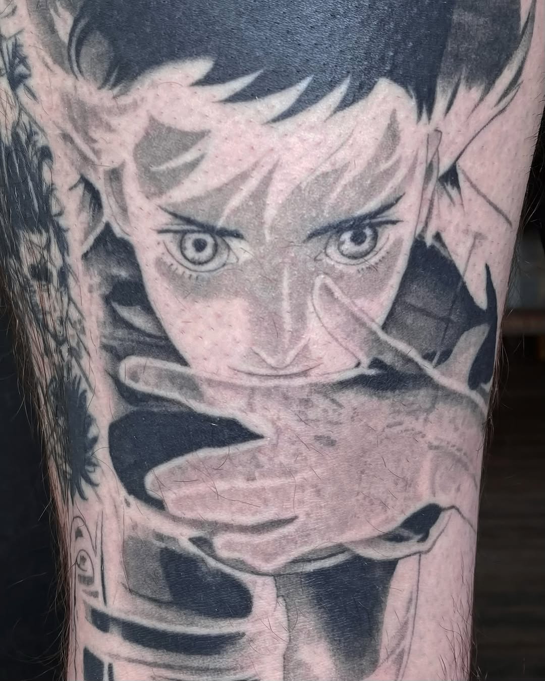 Tattoo by @weebapologist — anime, black_and_grey