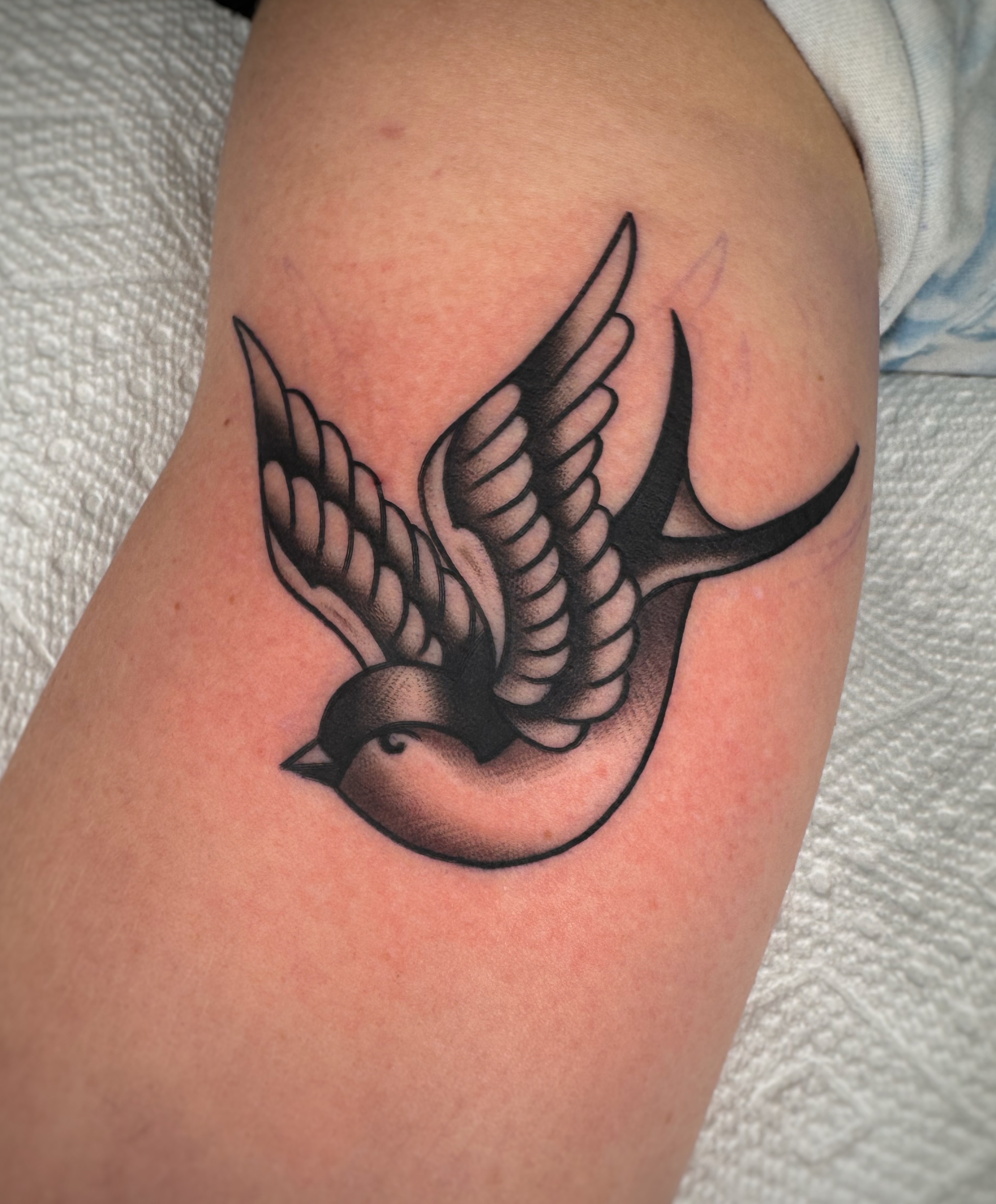 Swallow American traditional tattoo on the thigh by Cori James Tattoo Artist