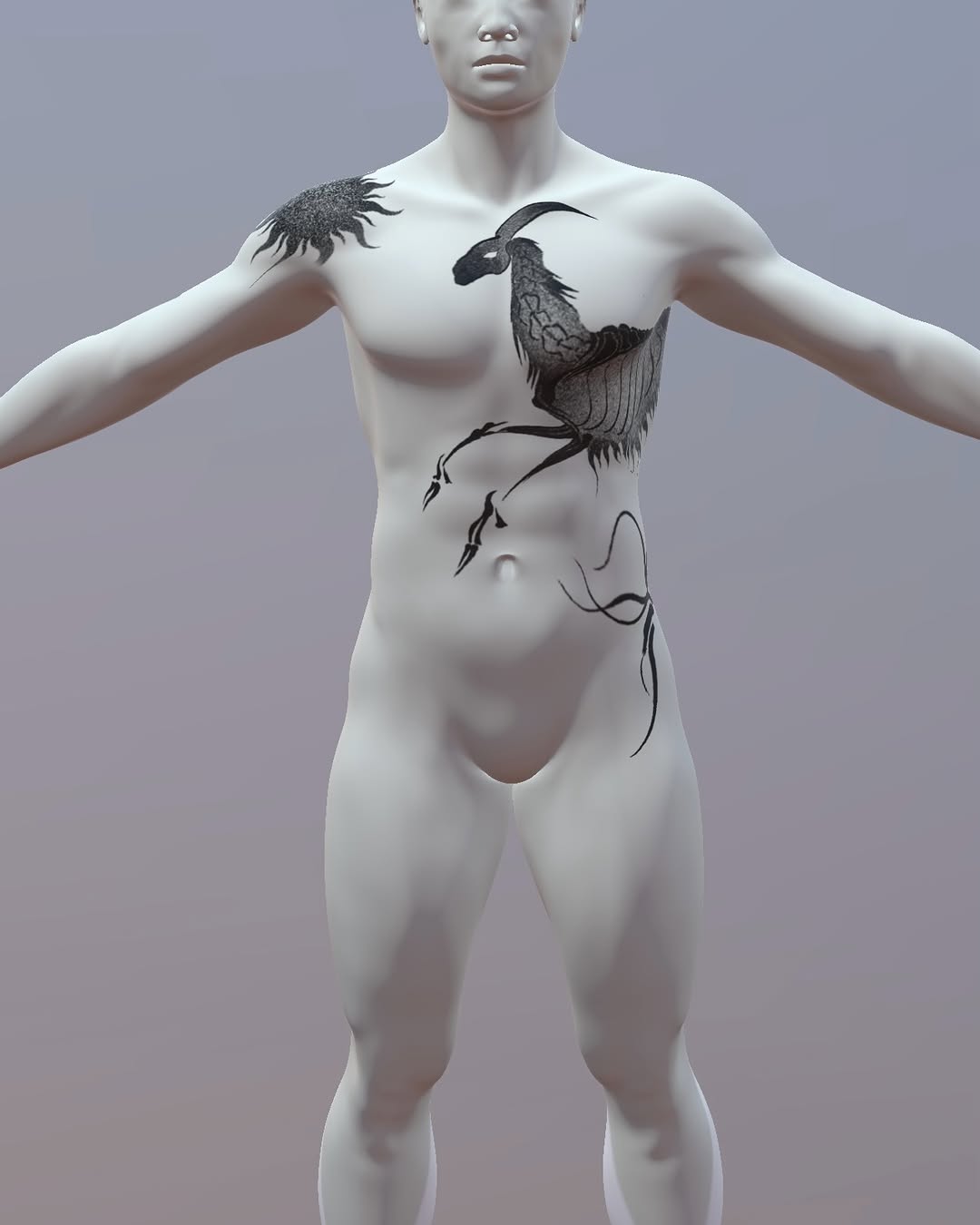 Stylized bird with sun blackwork tattoo on the torso by Piao